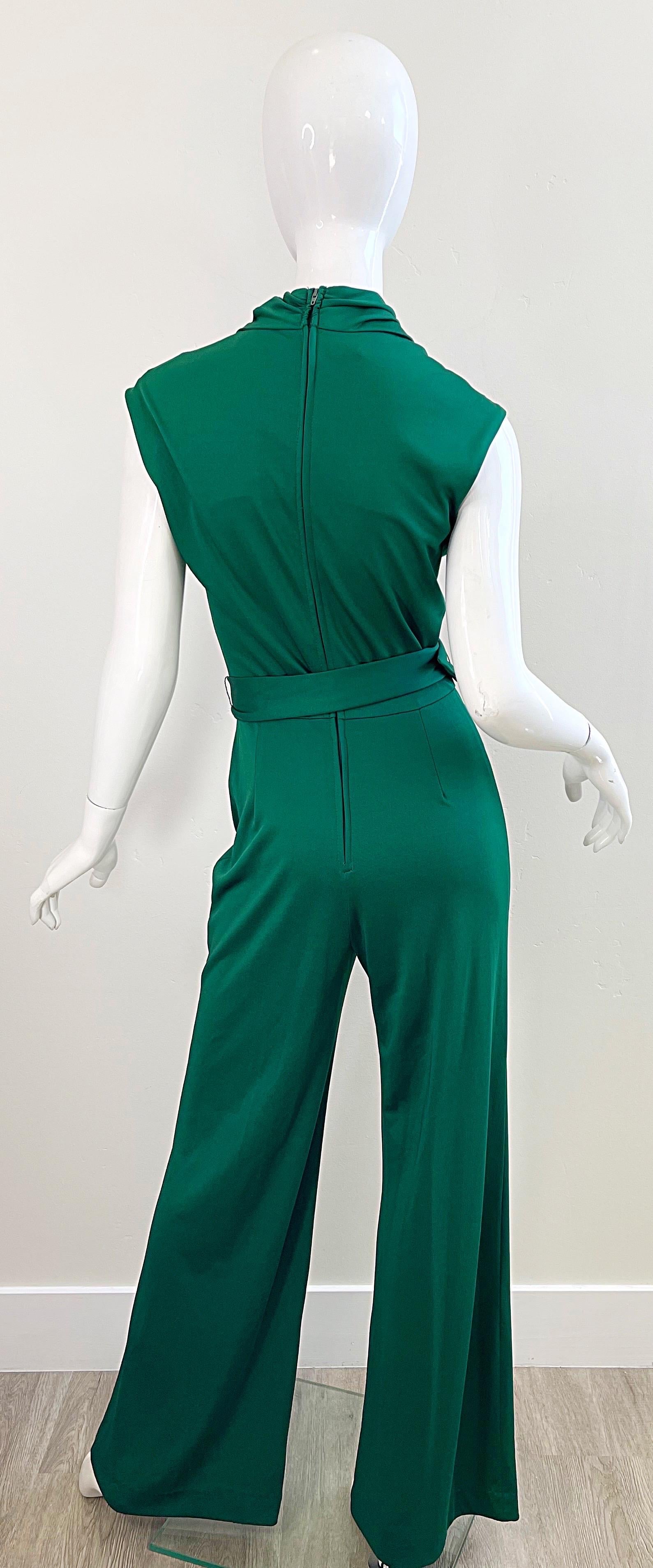 1970s Forest Green Flare Leg Bell Bottom Belted Vintage 70s Cowl Neck Jumpsuit 2