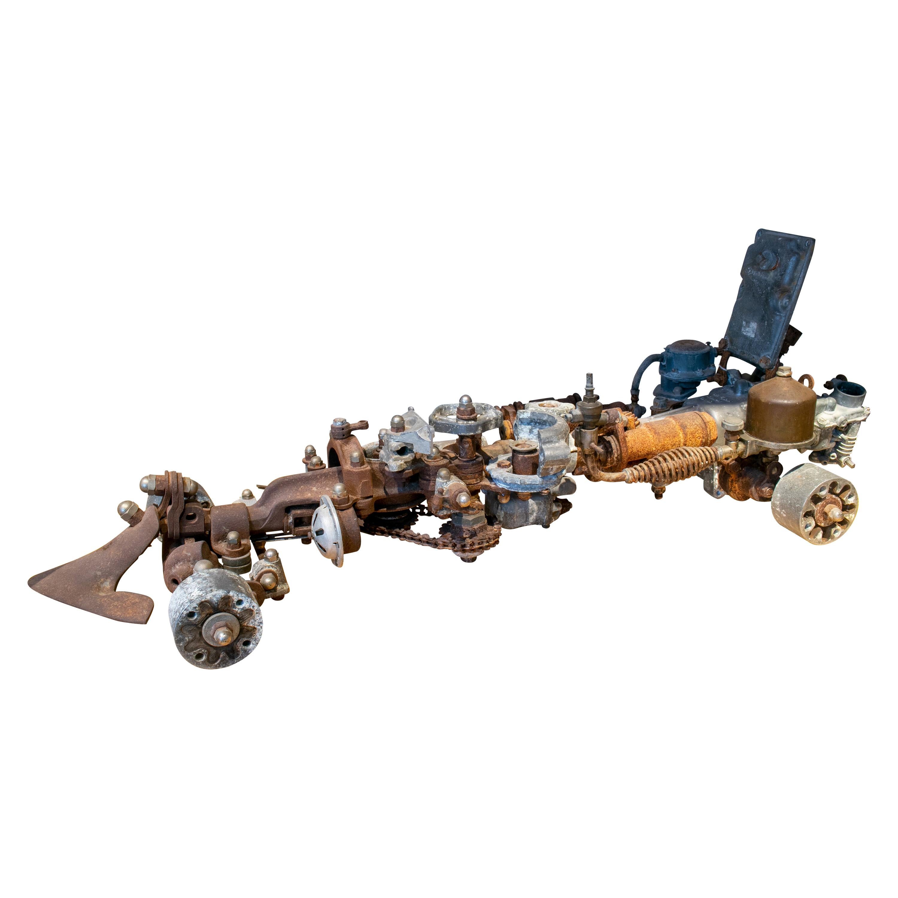1970s Formula 1 Car Sculpture Made with Assorted Old Mechanical Metal Pieces For Sale