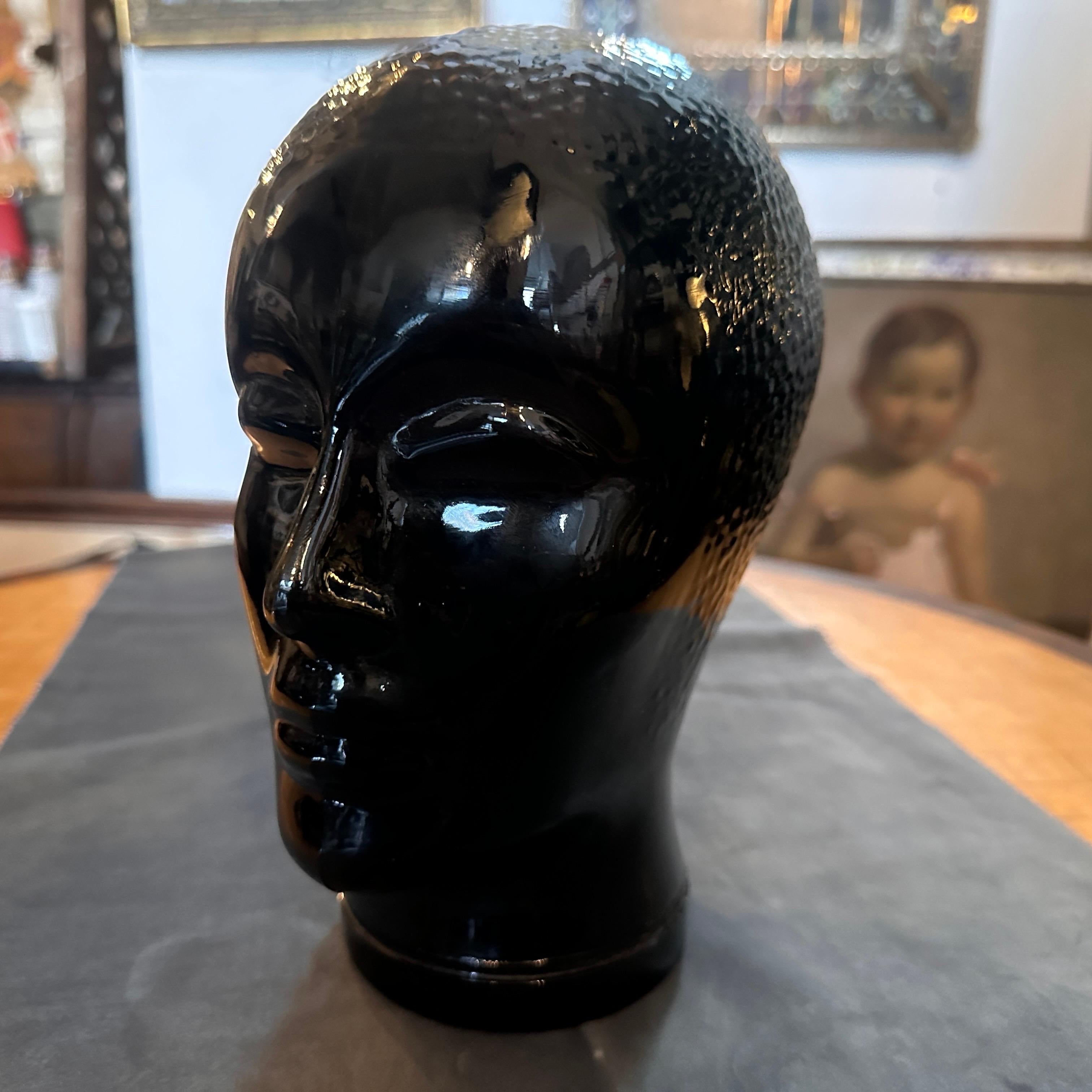 Mid-Century Modern 1970s Fornasetti Attributed Modernist Black Glass Head For Sale