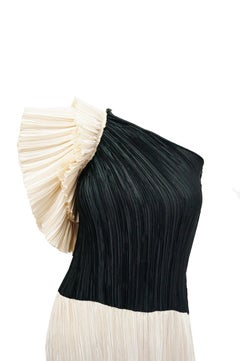 1970s Fortuny Style Off the Shoulder Black and White Pleated Dress