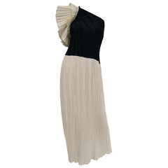  1970s Fortuny Style Off the Shoulder Black and White Pleated Dress