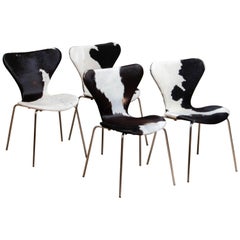 1970s, Four Cowhide Fur Dining Chairs by Arne Jacobsen & Fritz Hansen Model 3107
