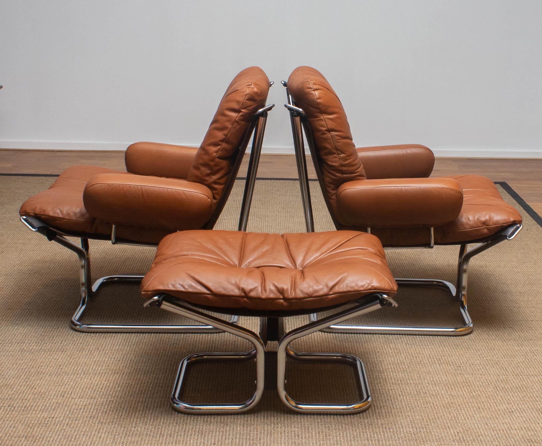 1970s Four Items Lounge Set Cognac Leather Steel by Harald Relling for Westnofa 7