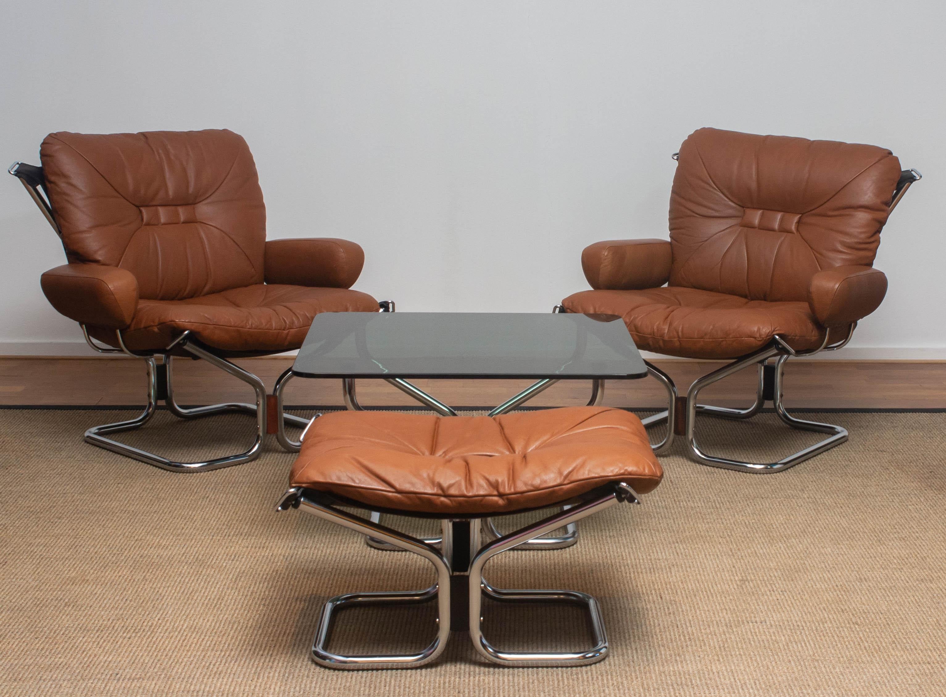 1970s Four Items Lounge Set Cognac Leather Steel by Harald Relling for Westnofa 8