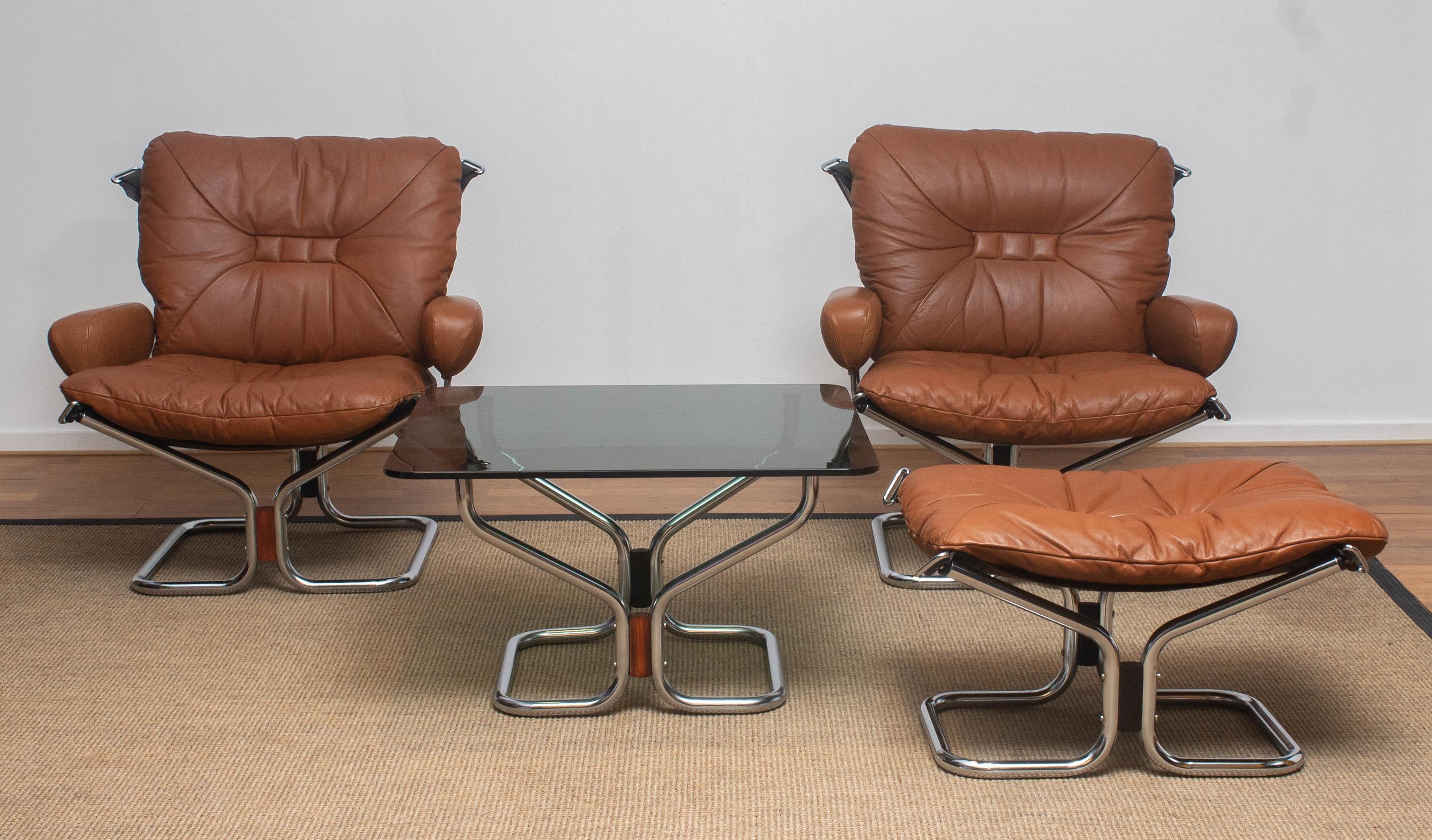 Late 20th Century 1970s Four Items Lounge Set Cognac Leather Steel by Harald Relling for Westnofa