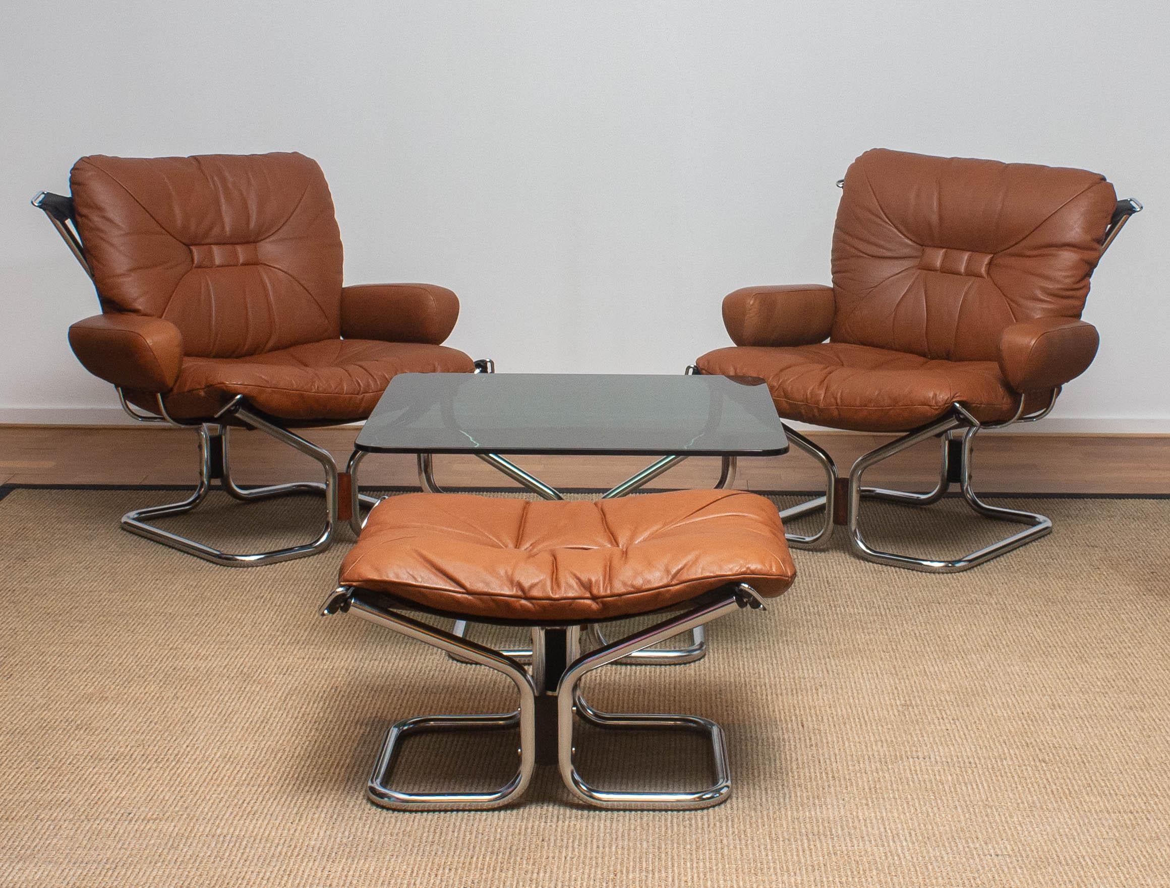 1970s Four Items Lounge Set Cognac Leather Steel by Harald Relling for Westnofa 1