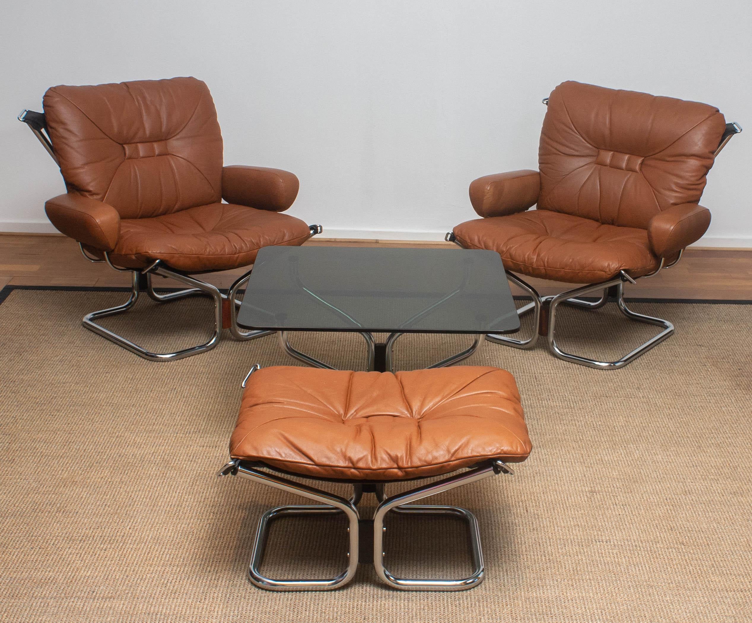 1970s Four Items Lounge Set Cognac Leather Steel by Harald Relling for Westnofa 2