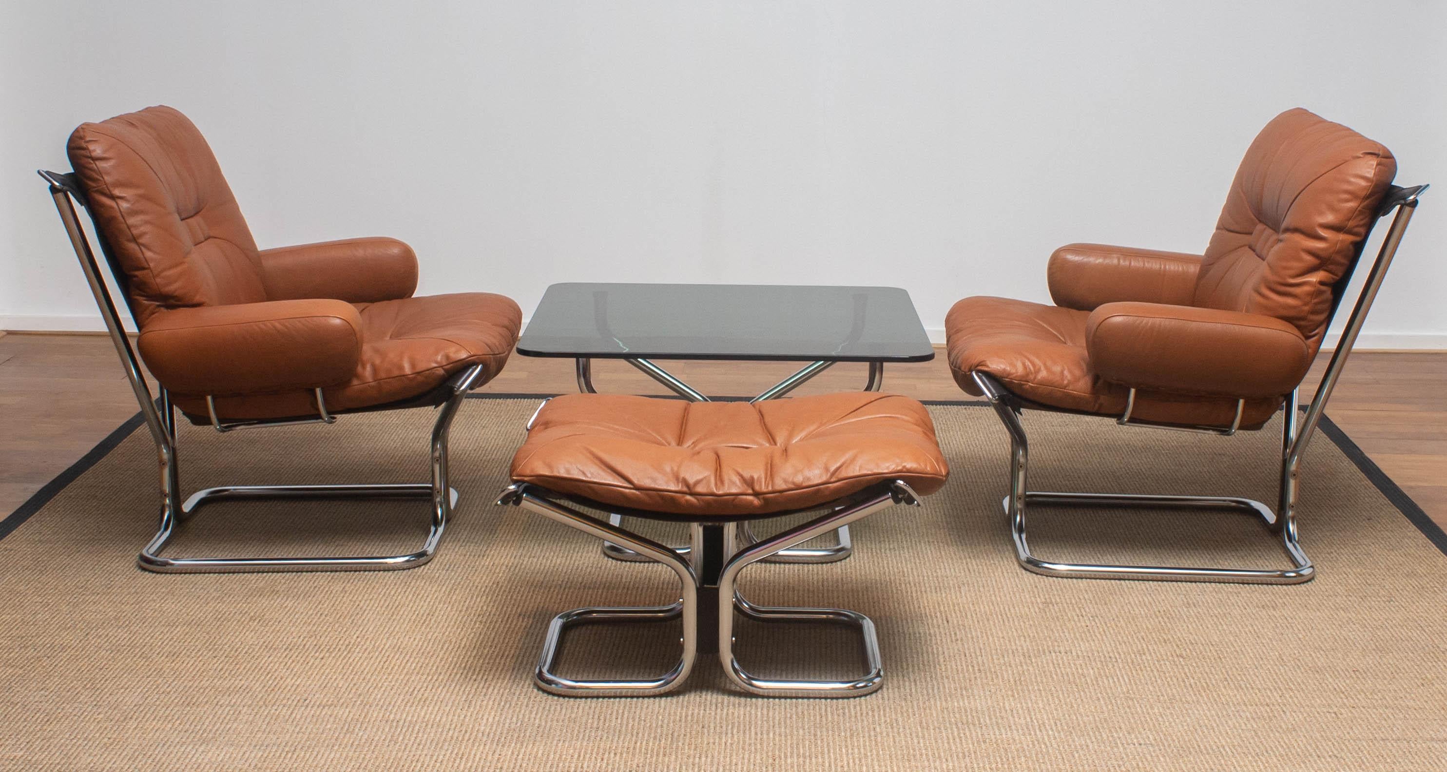 1970s Four Items Lounge Set Cognac Leather Steel by Harald Relling for Westnofa 4