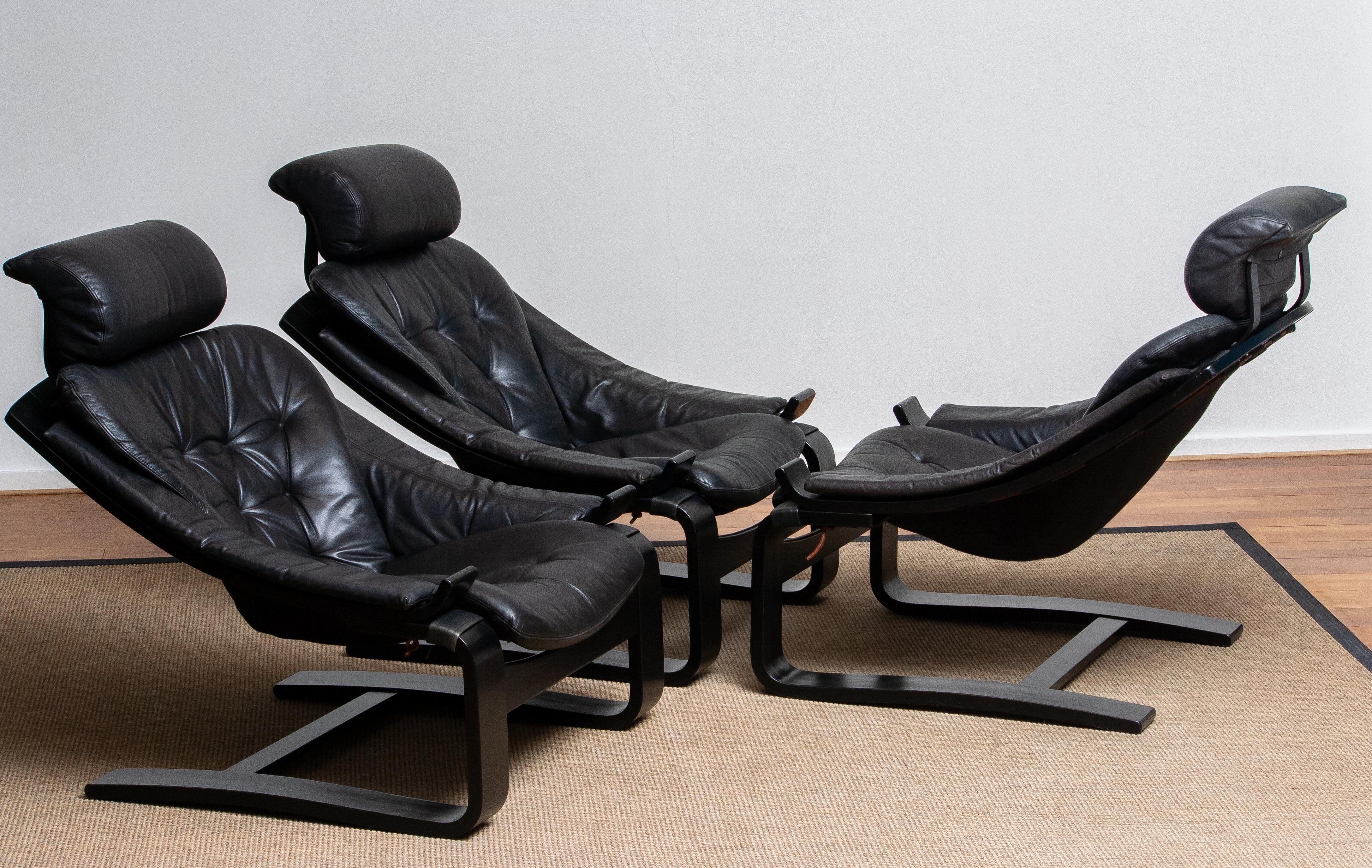 1970s, Four Kroken Lounge Chairs by Ake Fribytter for Nelo Sweden in Leather In Good Condition In Silvolde, Gelderland