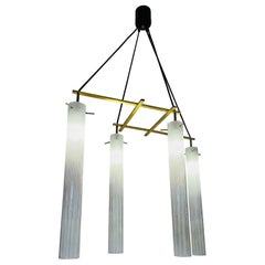 Vintage 1970s Four Tubular Frosted Glass & Brass Suspended Geometric Ceiling Light