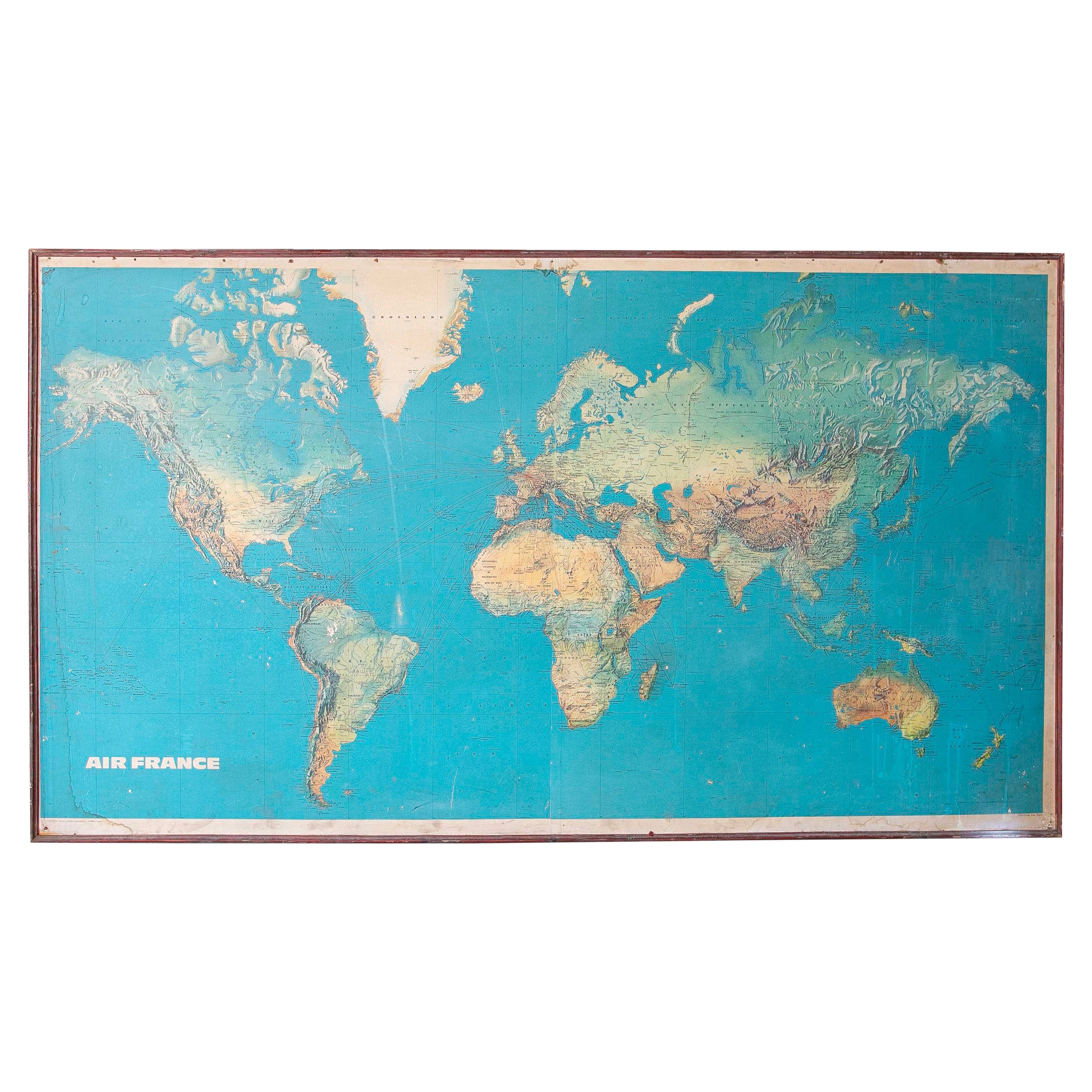 1970s Framed Air France World Wall Map, France For Sale