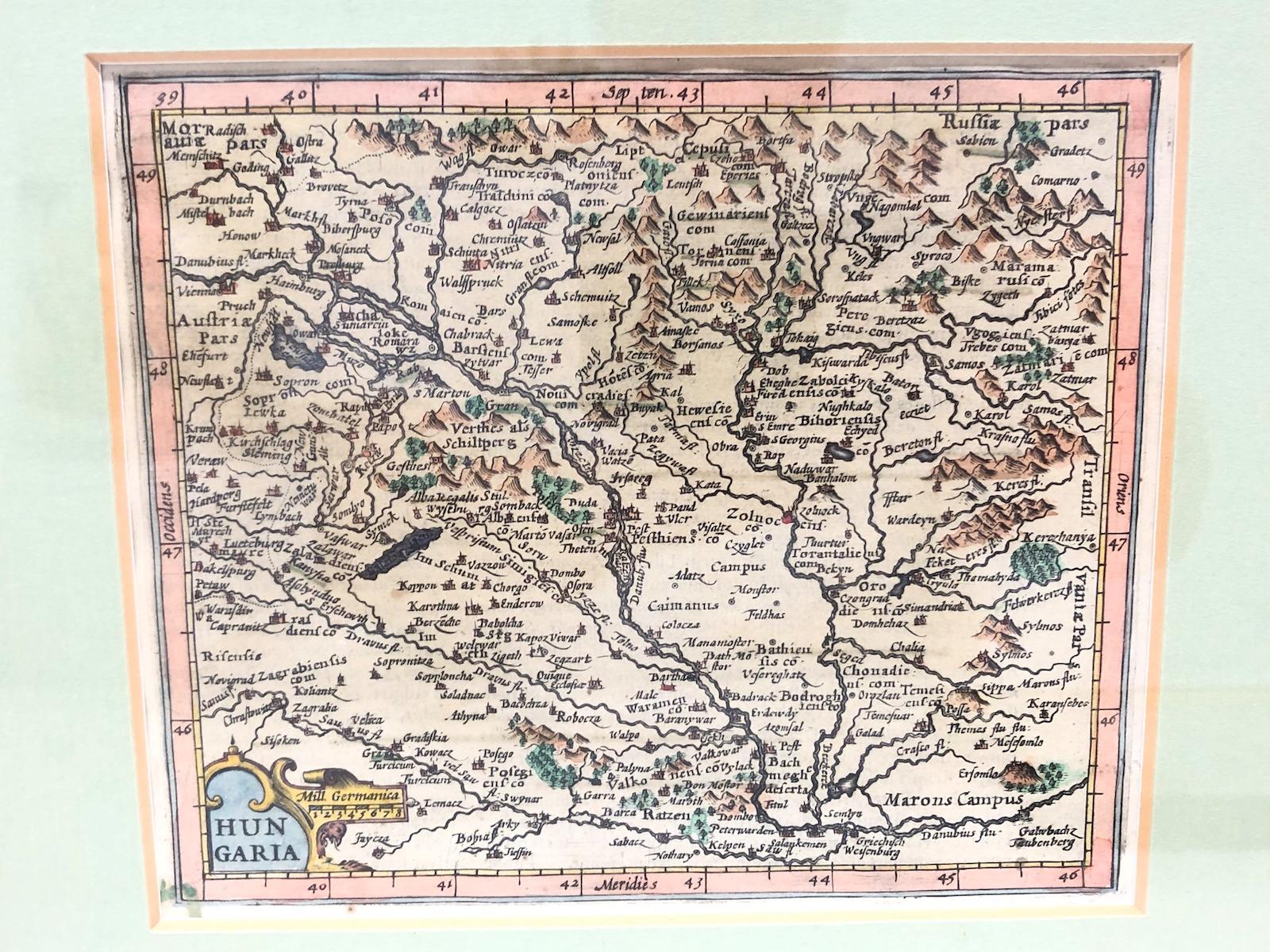 An extraordinary original antique map, framed in the 1970s by Brehm Nuremberg, Germany, showing Hungary. Map is dated 1629 and approx. 7 ¼