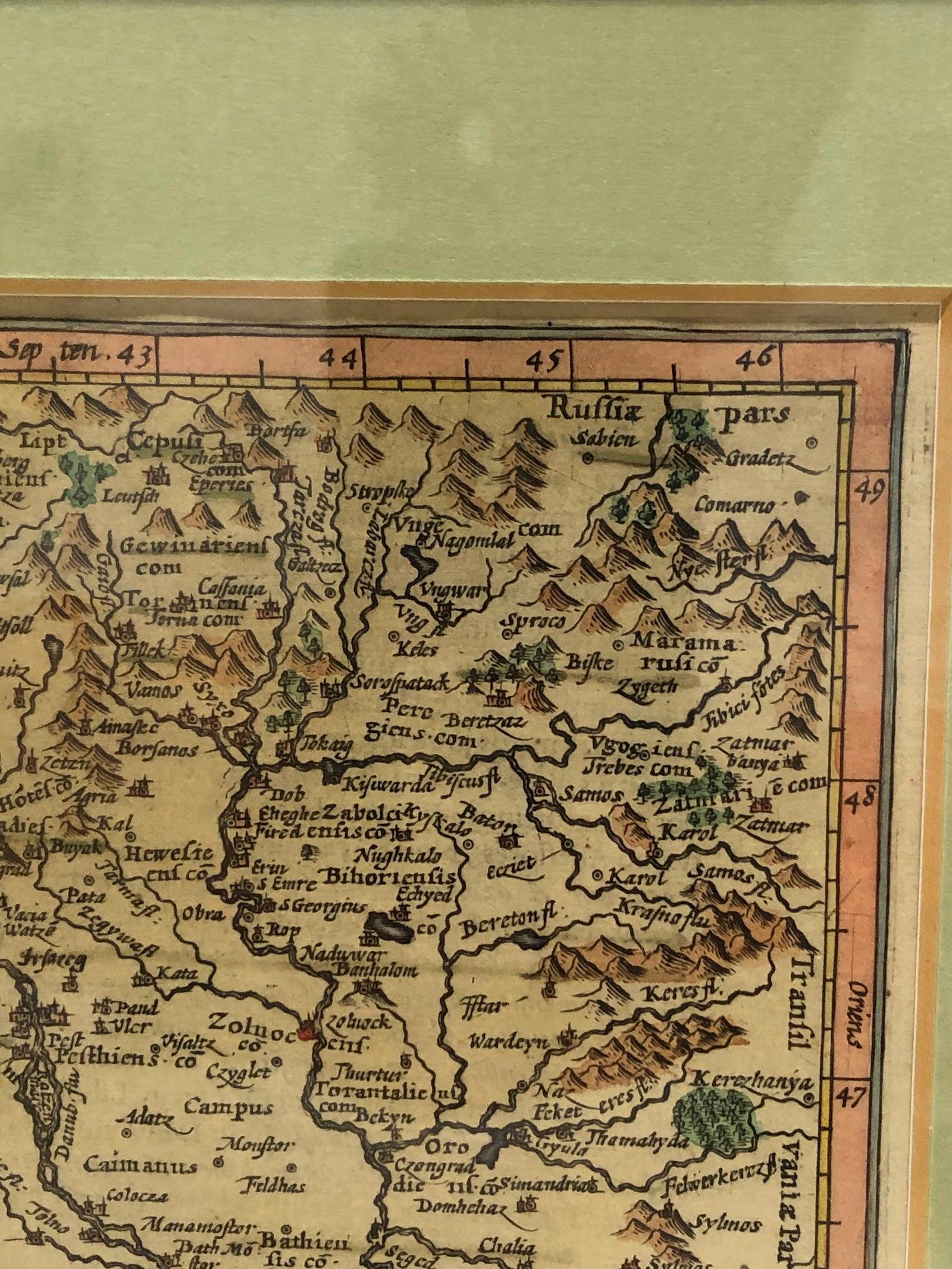 Vetro Mappa antica dell'Ungheria degli anni '70 con cornice, Ungheria 1629 originale in vendita