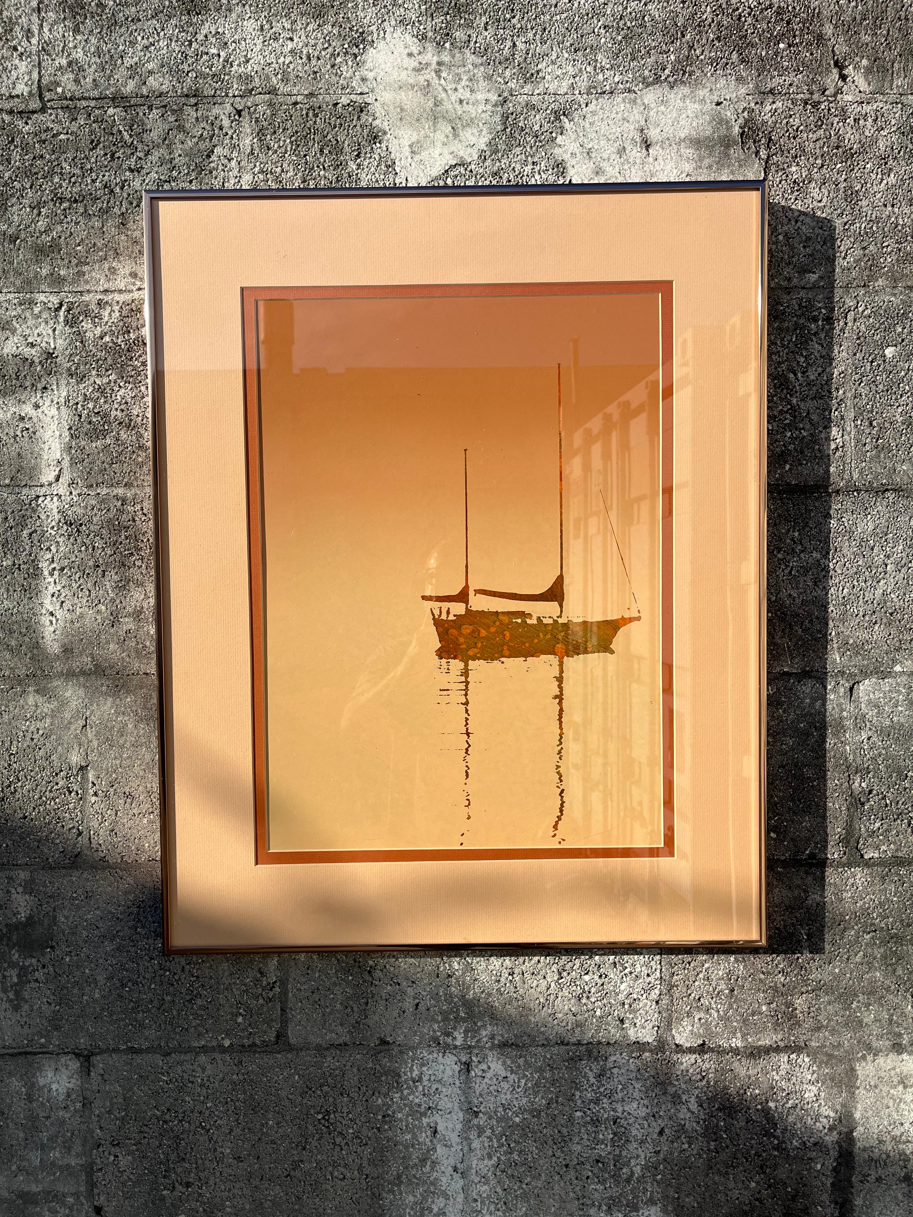 Mid-Century Modern Lithographie monochrome en terre de Sienne brûlée encadrée des années 1970. en vente