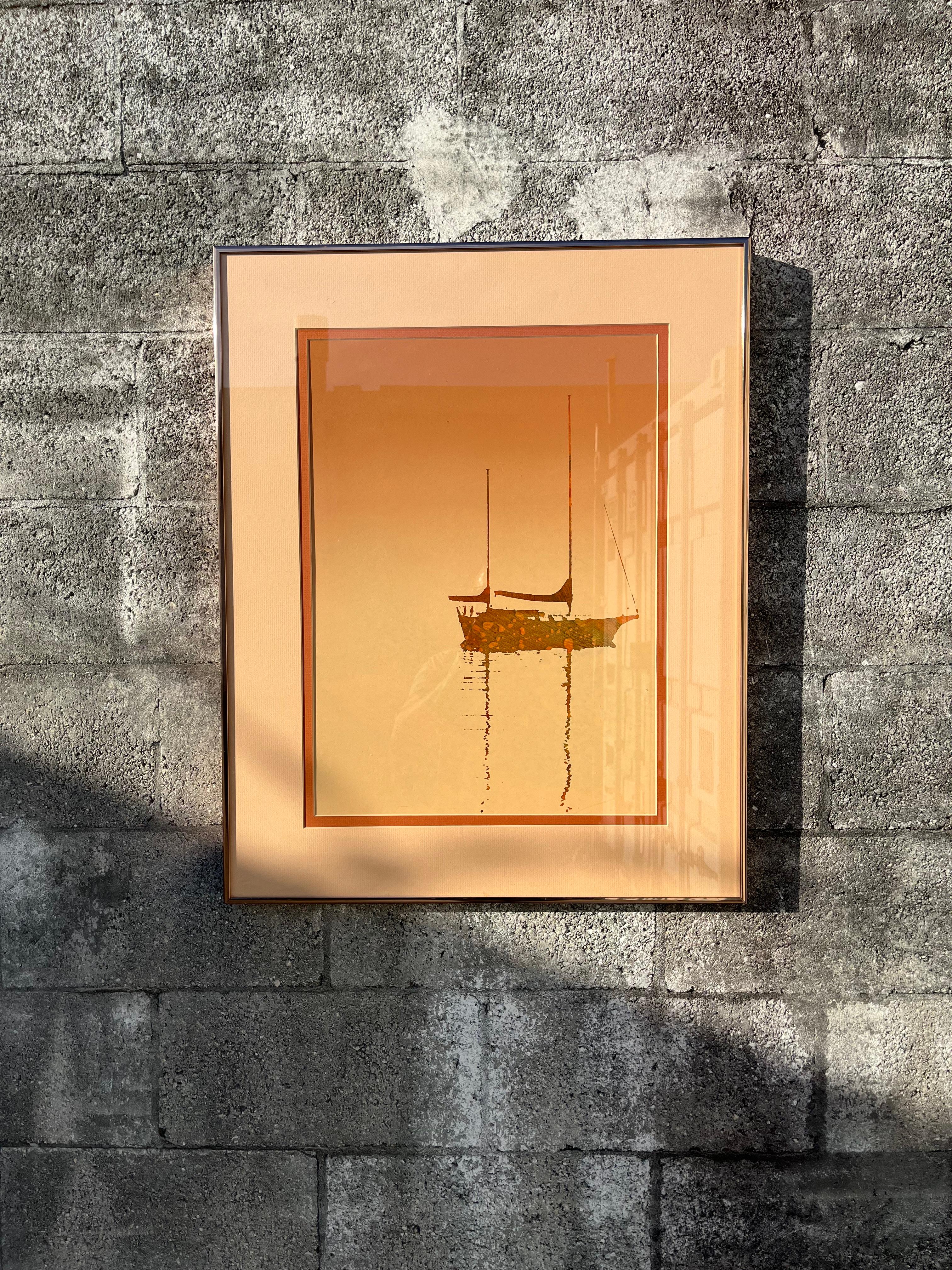 Américain Lithographie monochrome en terre de Sienne brûlée encadrée des années 1970. en vente