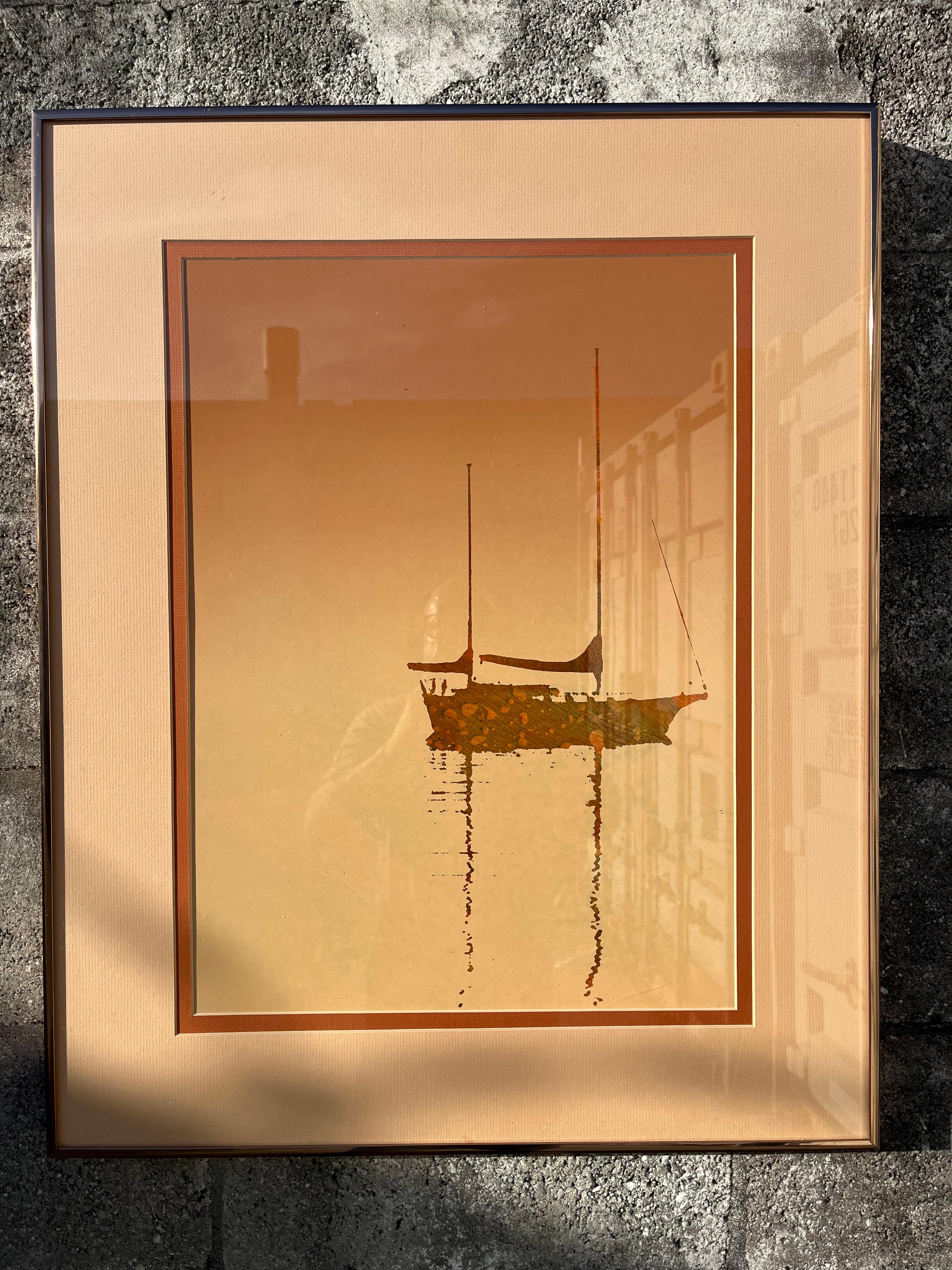 Lithographie monochrome en terre de Sienne brûlée encadrée des années 1970. Bon état - En vente à Miami, FL