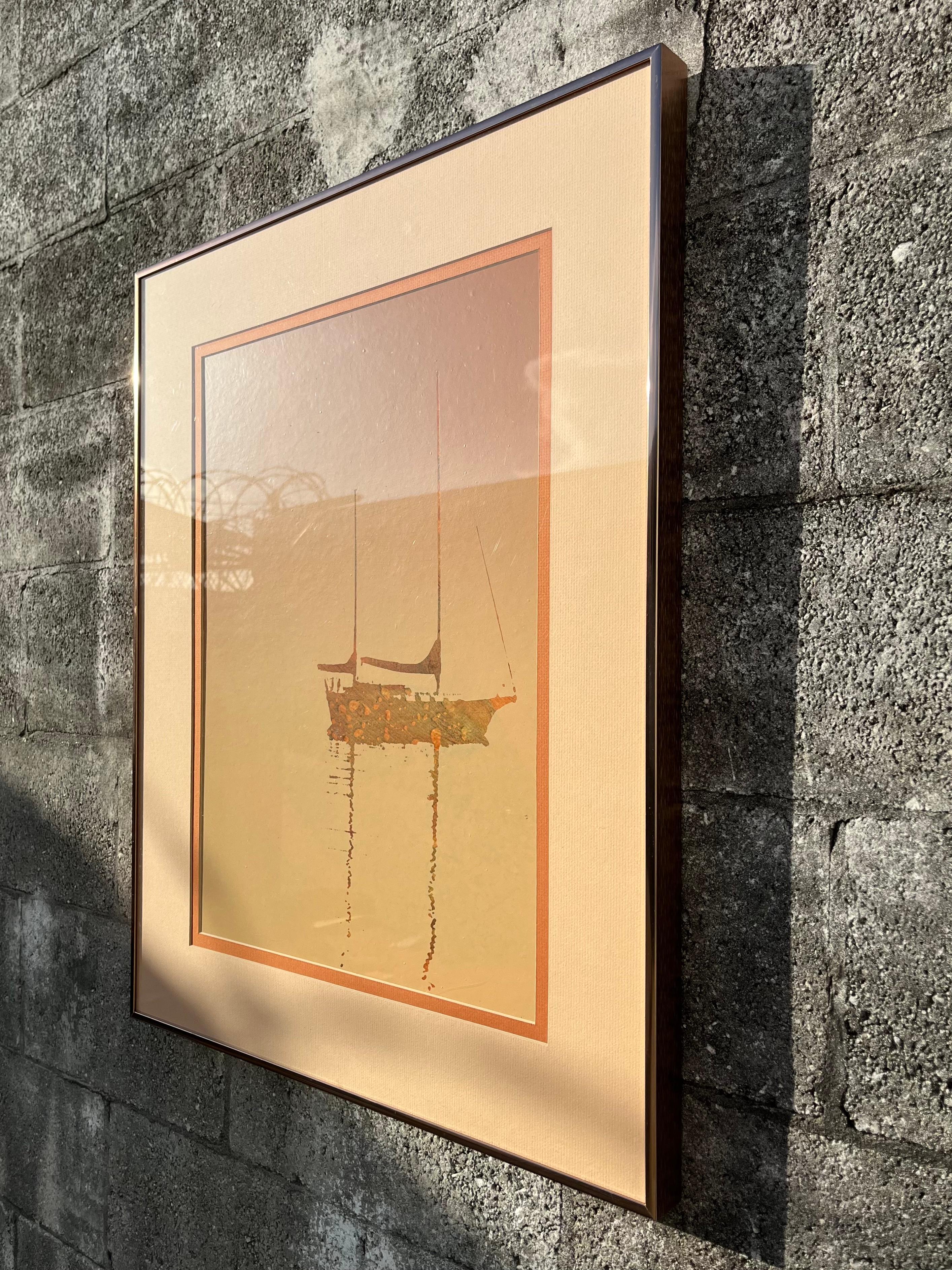 Papier Lithographie monochrome en terre de Sienne brûlée encadrée des années 1970. en vente