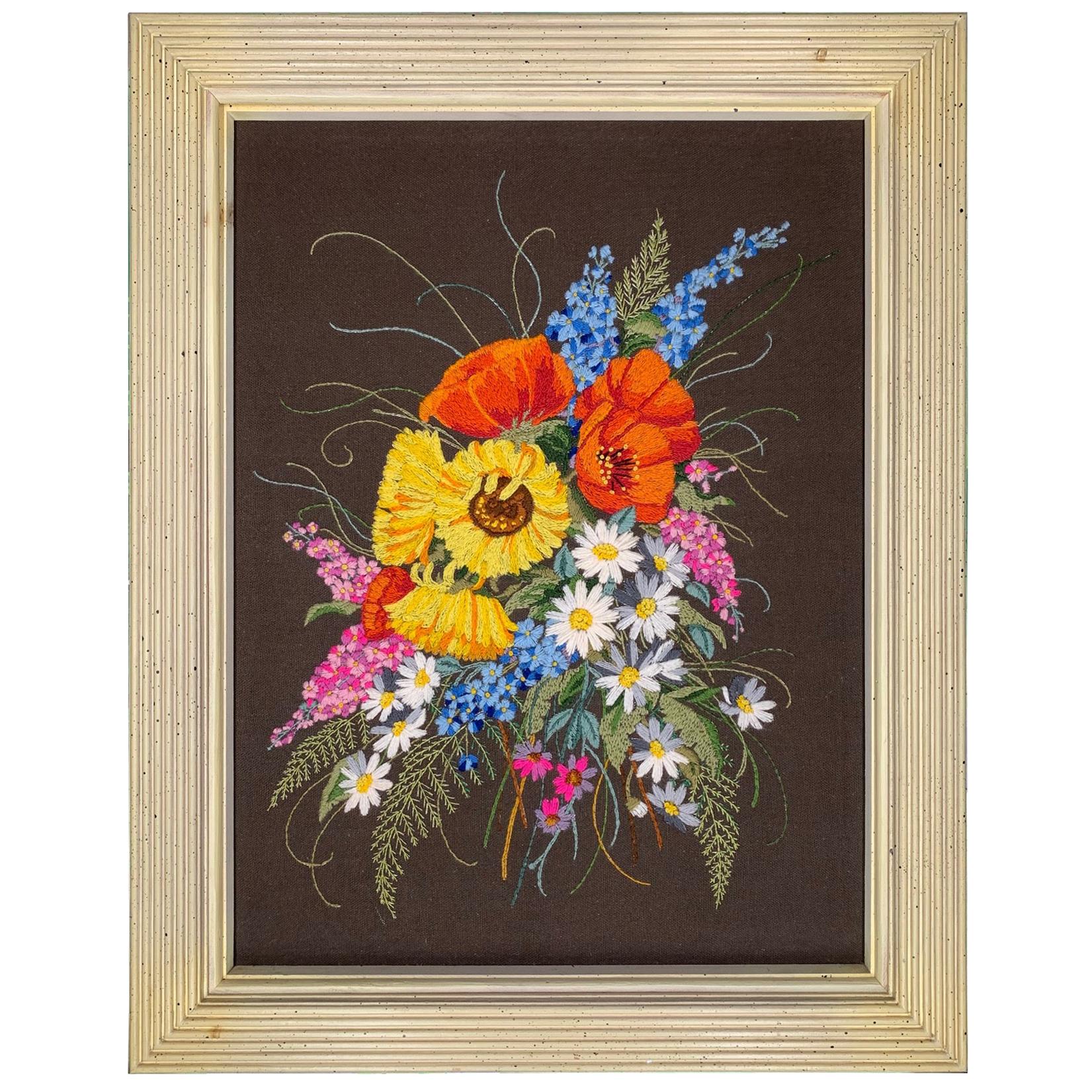 1970s Framed Floral Embroidery Wall Hanging