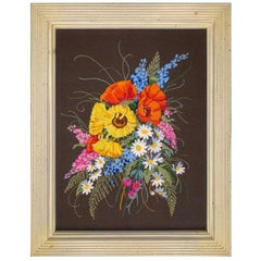 Vintage 1970s Framed Floral Embroidery Wall Hanging