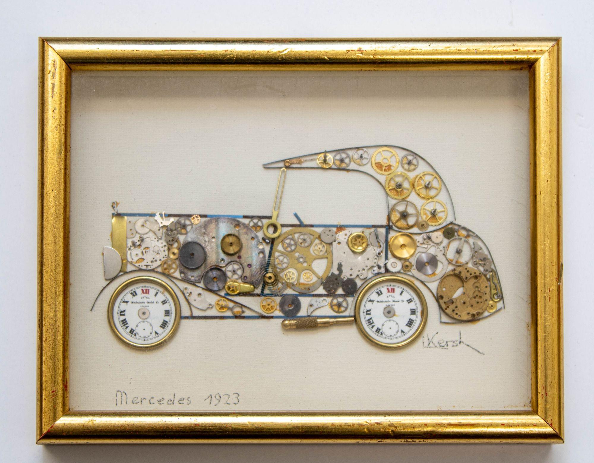 Original Art By L Kersh of London - Framed Watch Parts: Mercedes Benz 1923.
Horological Collage Signed by Kersh - Made in England.
One of a kind, original unique horological collage done by L Kersh, Copyright 1971.
The frame is gilt wood, made
