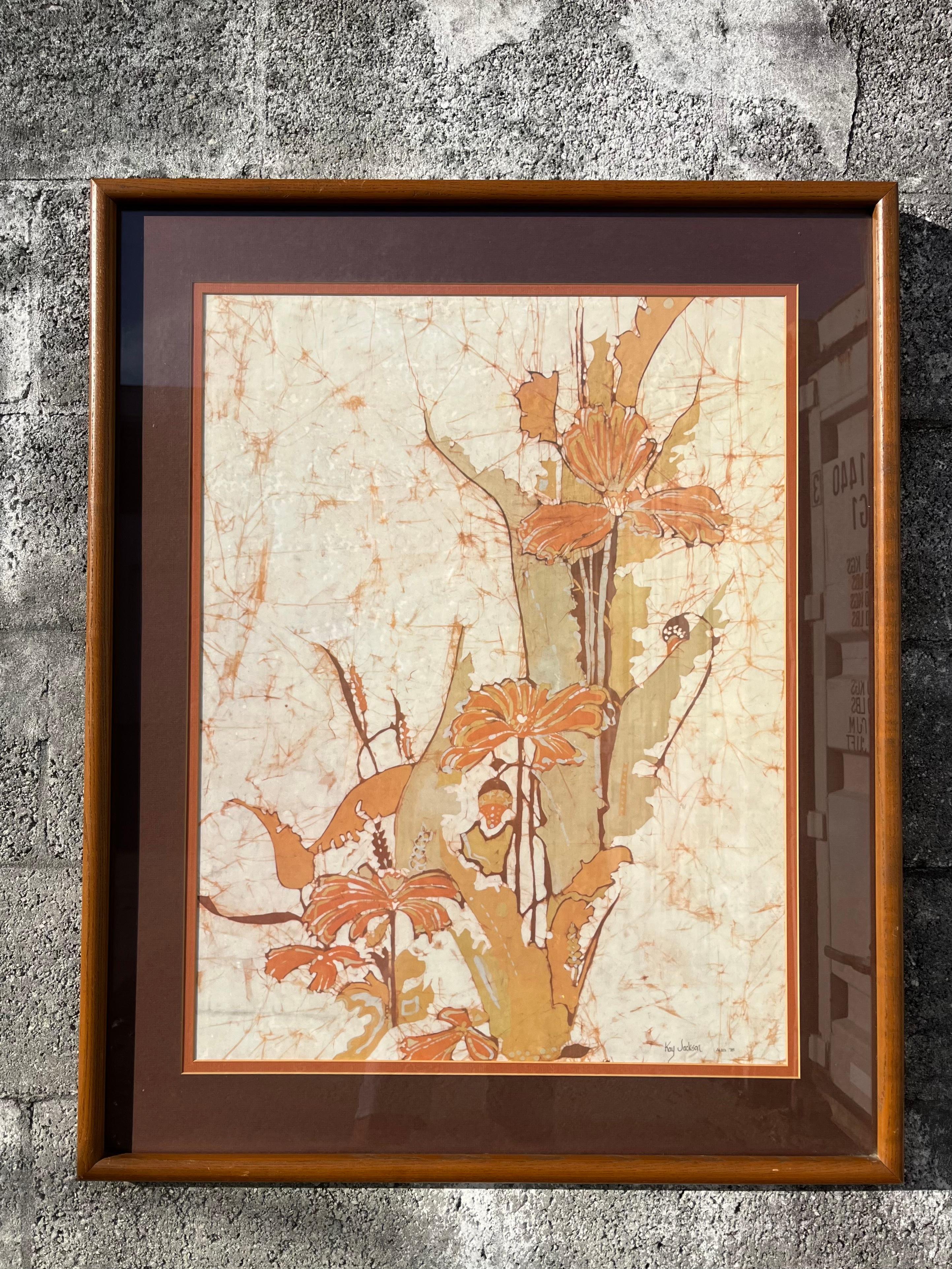 Lithographie encadrée vintage des années 1970 de l'artiste américaine Kay Jackson.
Cette peinture abstraite aux riches tons de terre est encadrée avec le cadre en bois massif d'origine et protégée par une vitre.
En bon état d'origine avec des signes