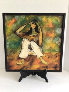 1970s Framed Oil Painting on Canvas of Woman Sitting