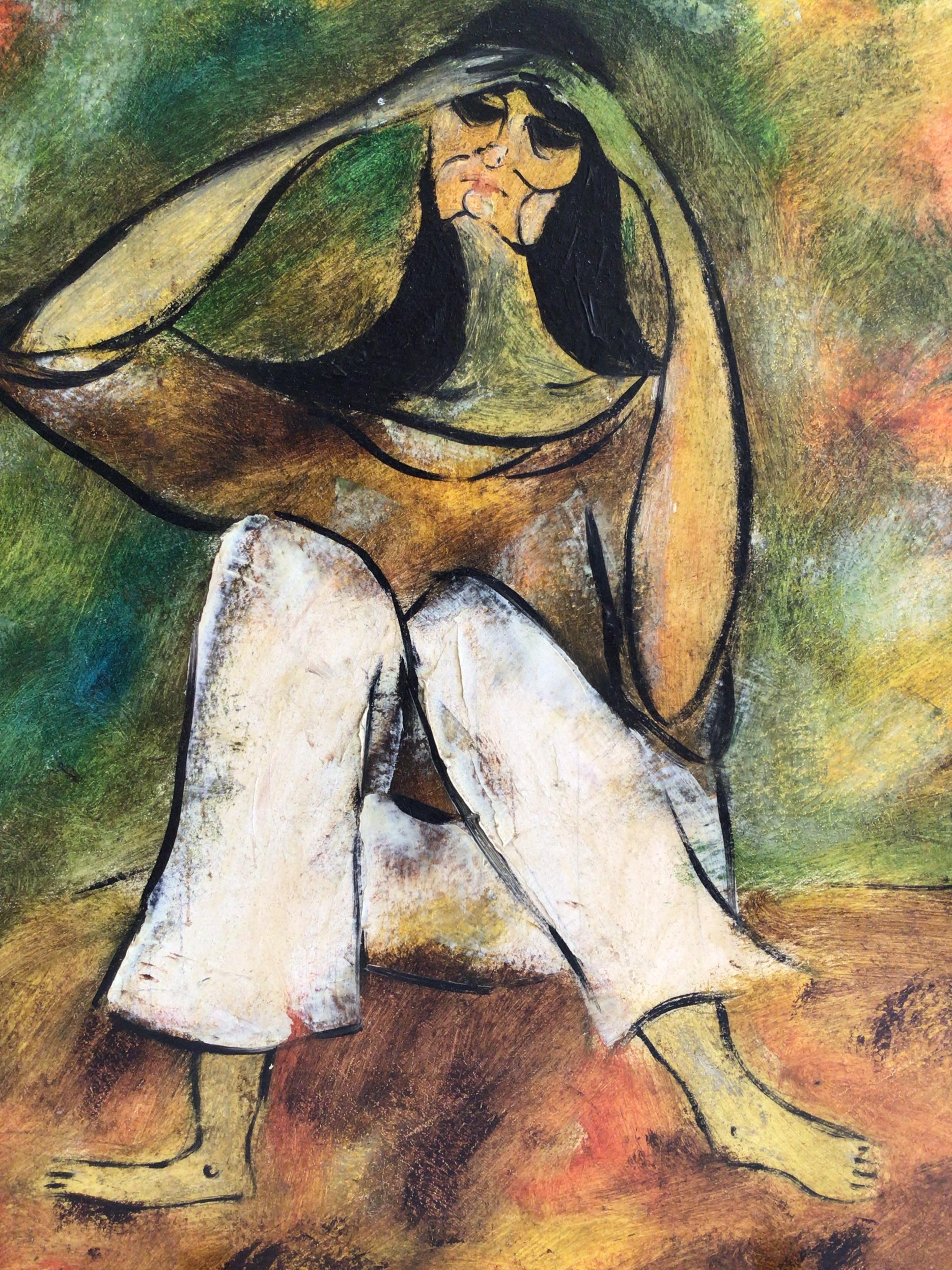 Hand-Painted 1970s Framed Oil Painting on Canvas of Woman Sitting For Sale