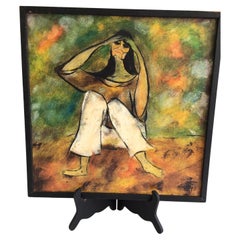 Dipinto a olio su tela con cornice degli anni '70 raffigurante una donna seduta