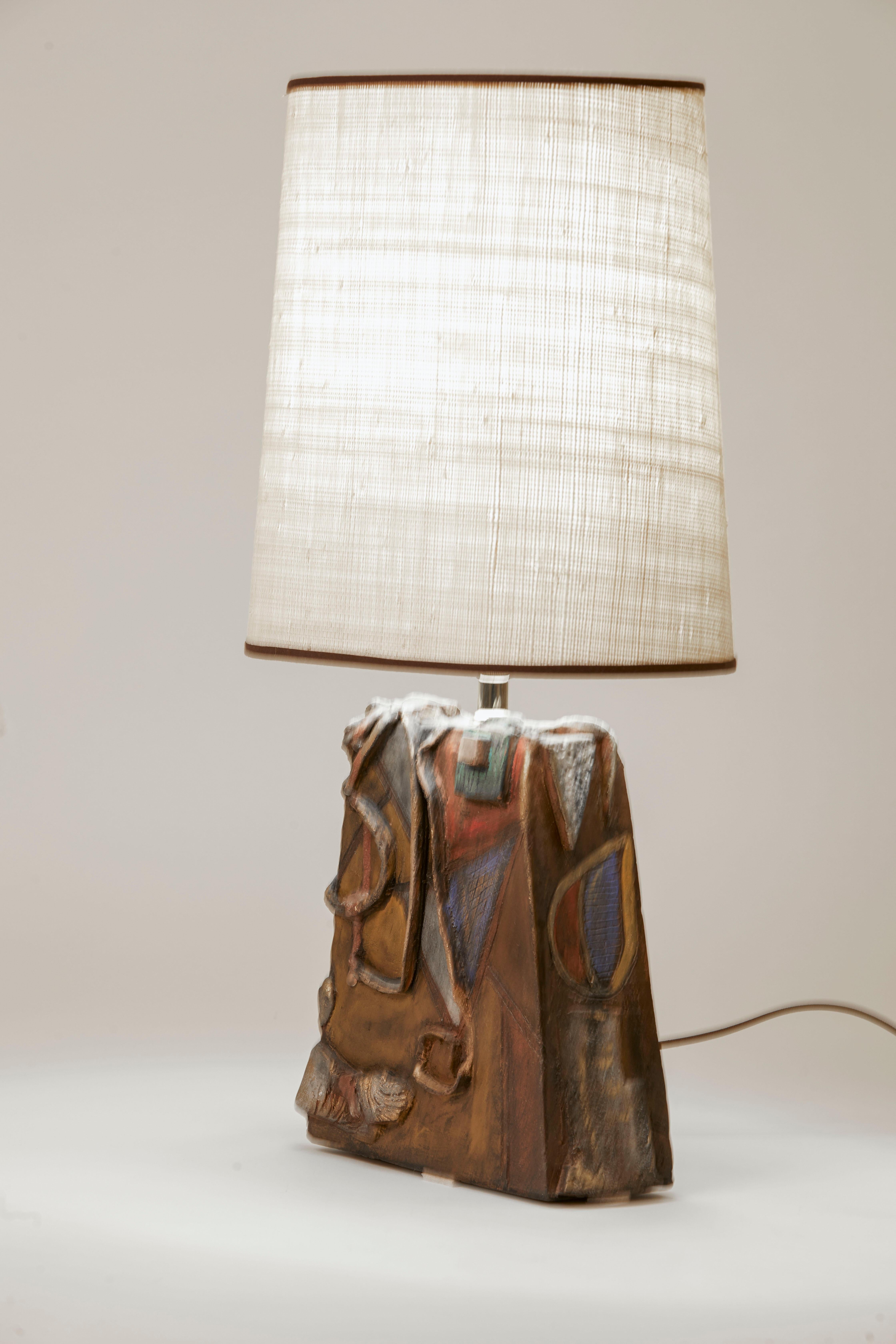 1970's France Unique Abstract Pottery Lamp with Custom Shade