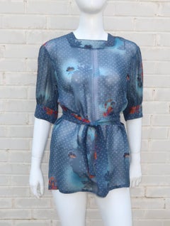 Franck Olivier Sheer Blue Floral Peasant Top With Tie, 1970s