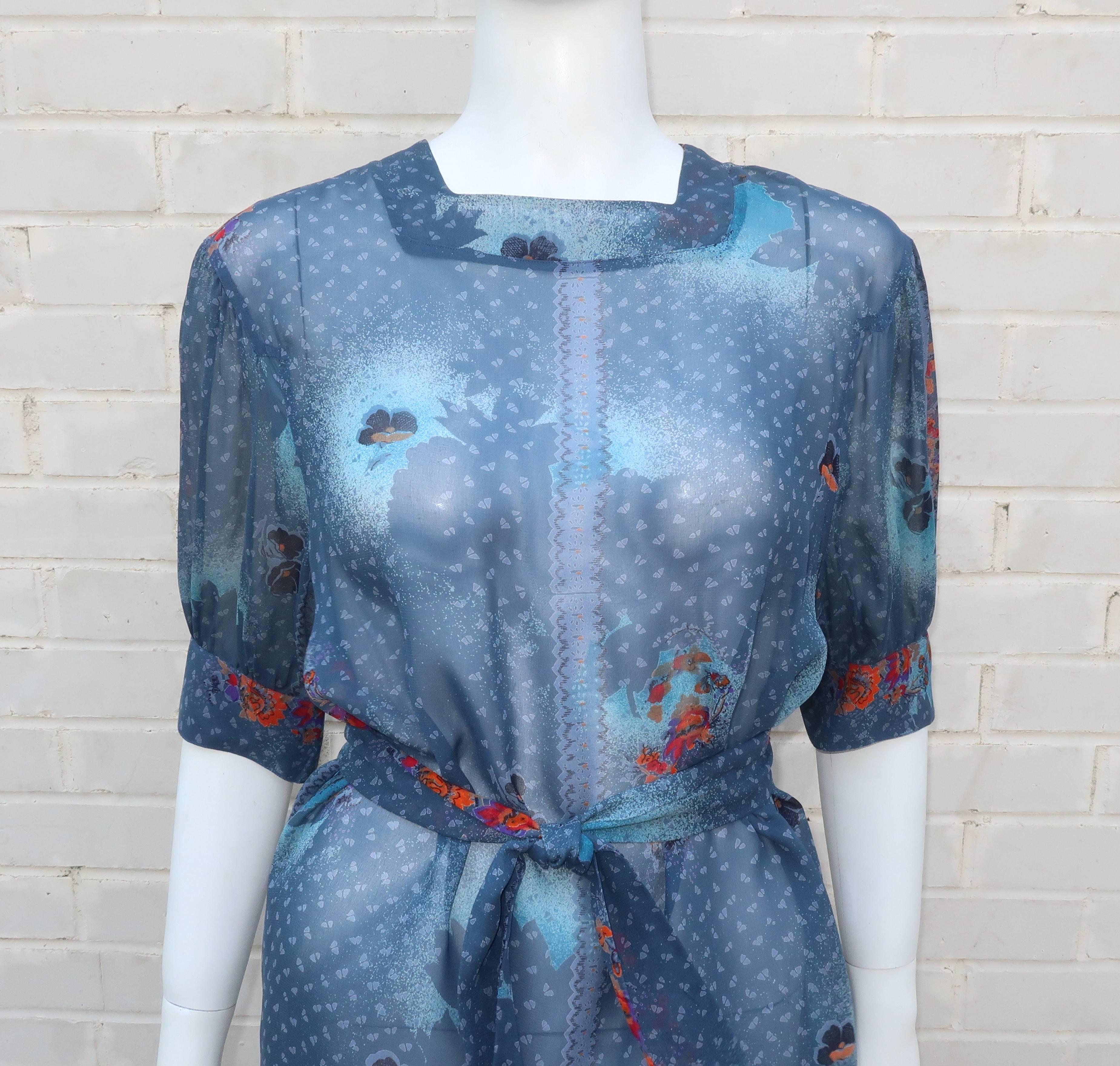 Franck Olivier Sheer Blue Floral Peasant Top With Tie, 1970s In Excellent Condition In Atlanta, GA