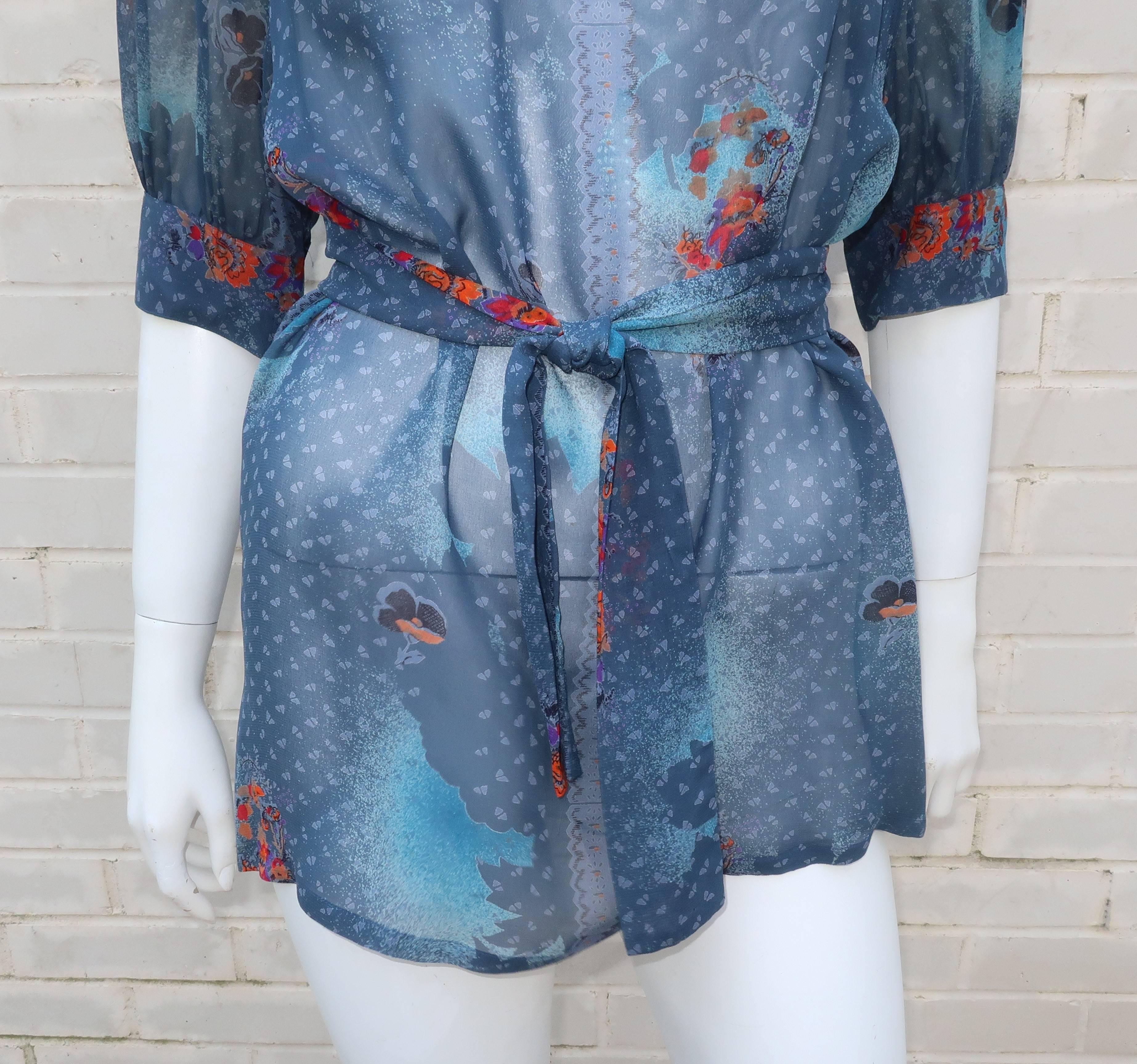 Women's Franck Olivier Sheer Blue Floral Peasant Top With Tie, 1970s