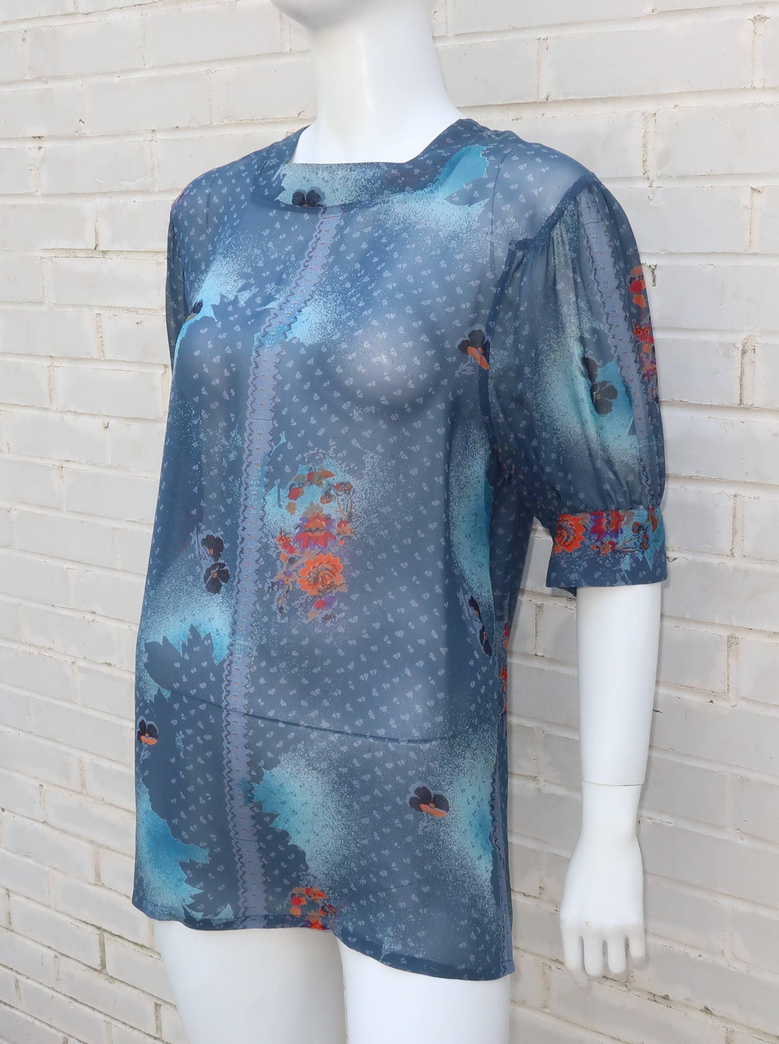 Franck Olivier Sheer Blue Floral Peasant Top With Tie, 1970s 5