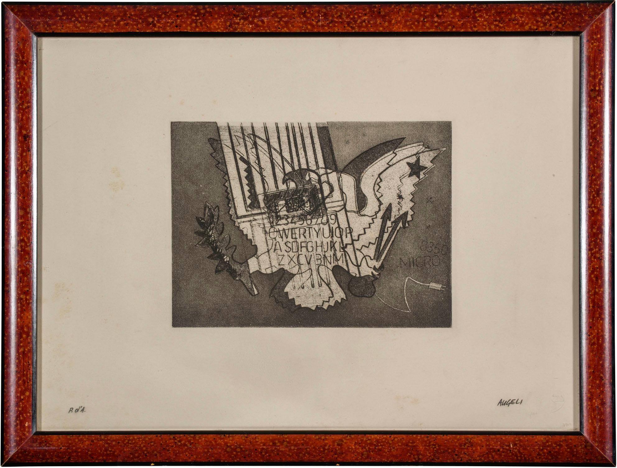 Beautiful work by Franco Angeli leading exponent of the Piazza del Popolo School “Roman eagle”
Dry stamp 
Signed lower right in pencil by the Artist. 
“Prova d’Artista” Artist's proof by Franco Angeli

This artwork, never before on the market, comes