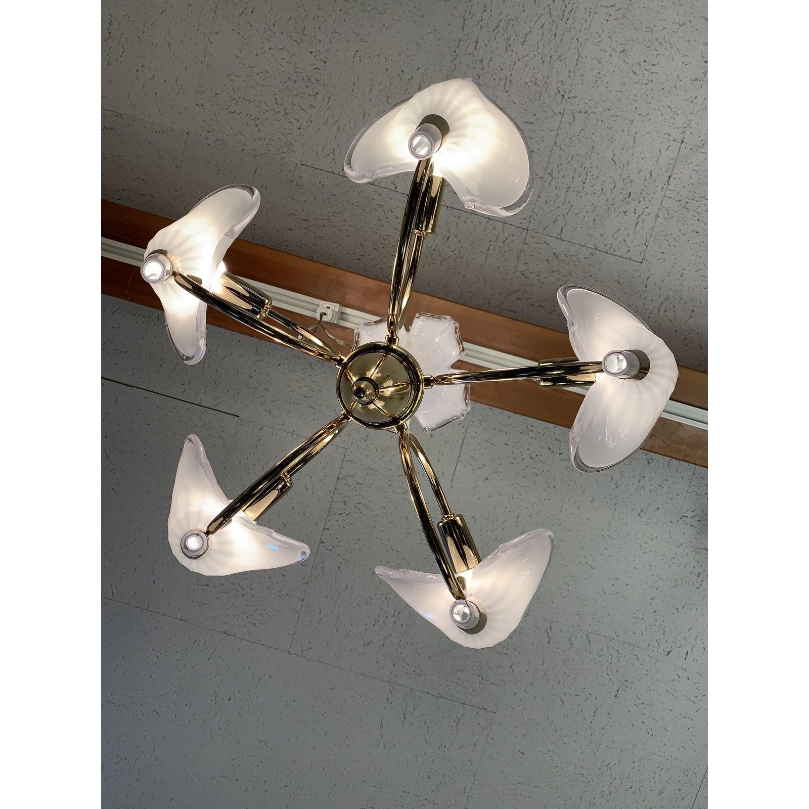Metal 1970s Franco Luce Murano Glass Cala 5-Lily Chandelier For Sale
