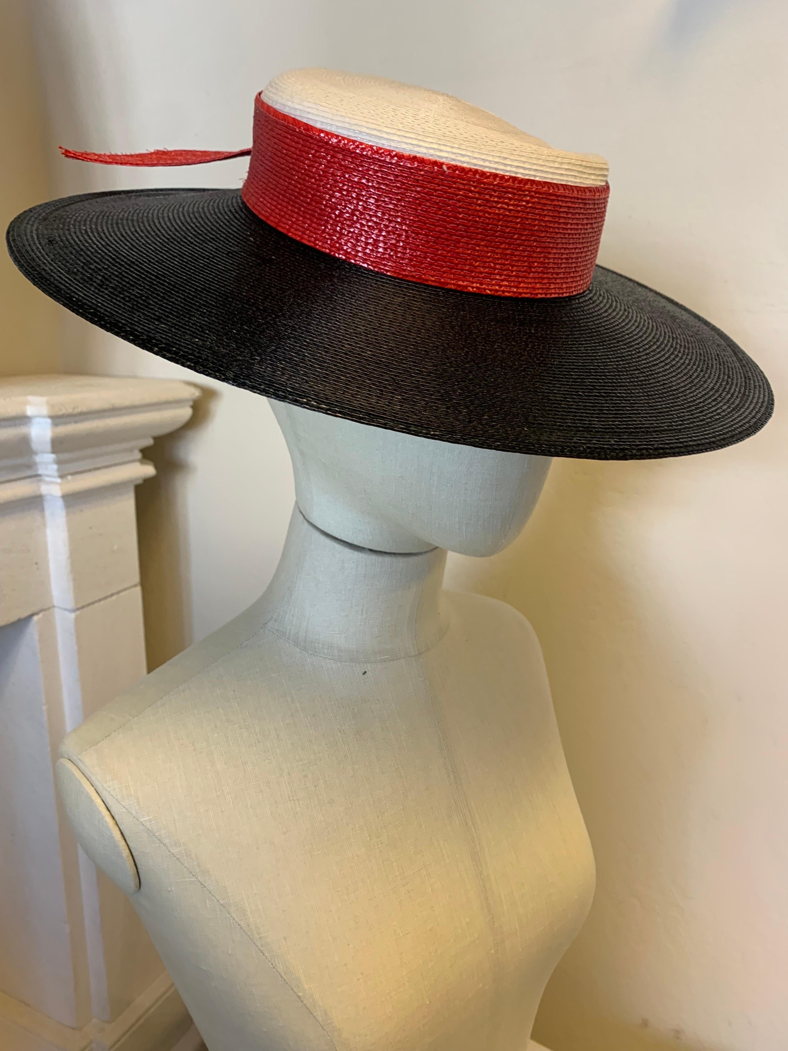 1970s Frank Olive Wide Brim Fedora in Black & White w Red Straw Bow Band In Excellent Condition In Gresham, OR