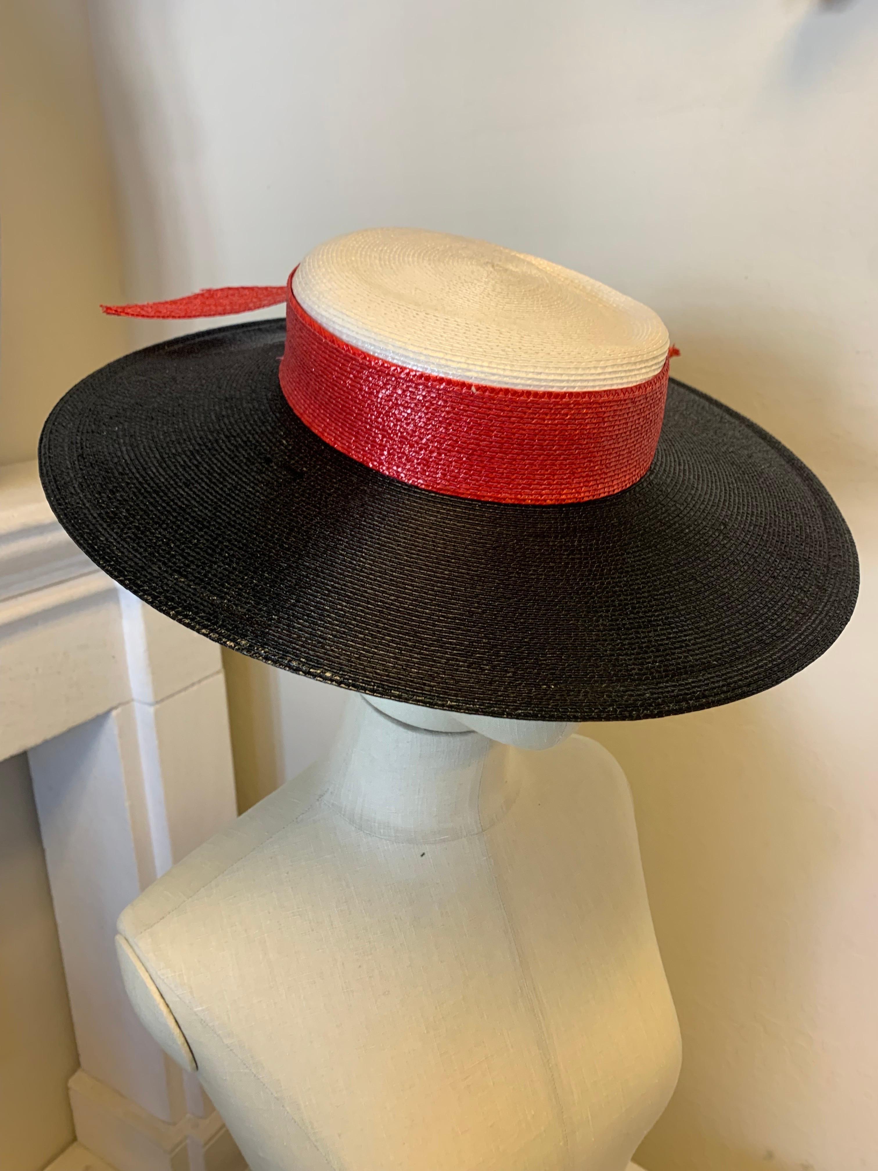 Women's 1970s Frank Olive Wide Brim Fedora in Black & White w Red Straw Bow Band