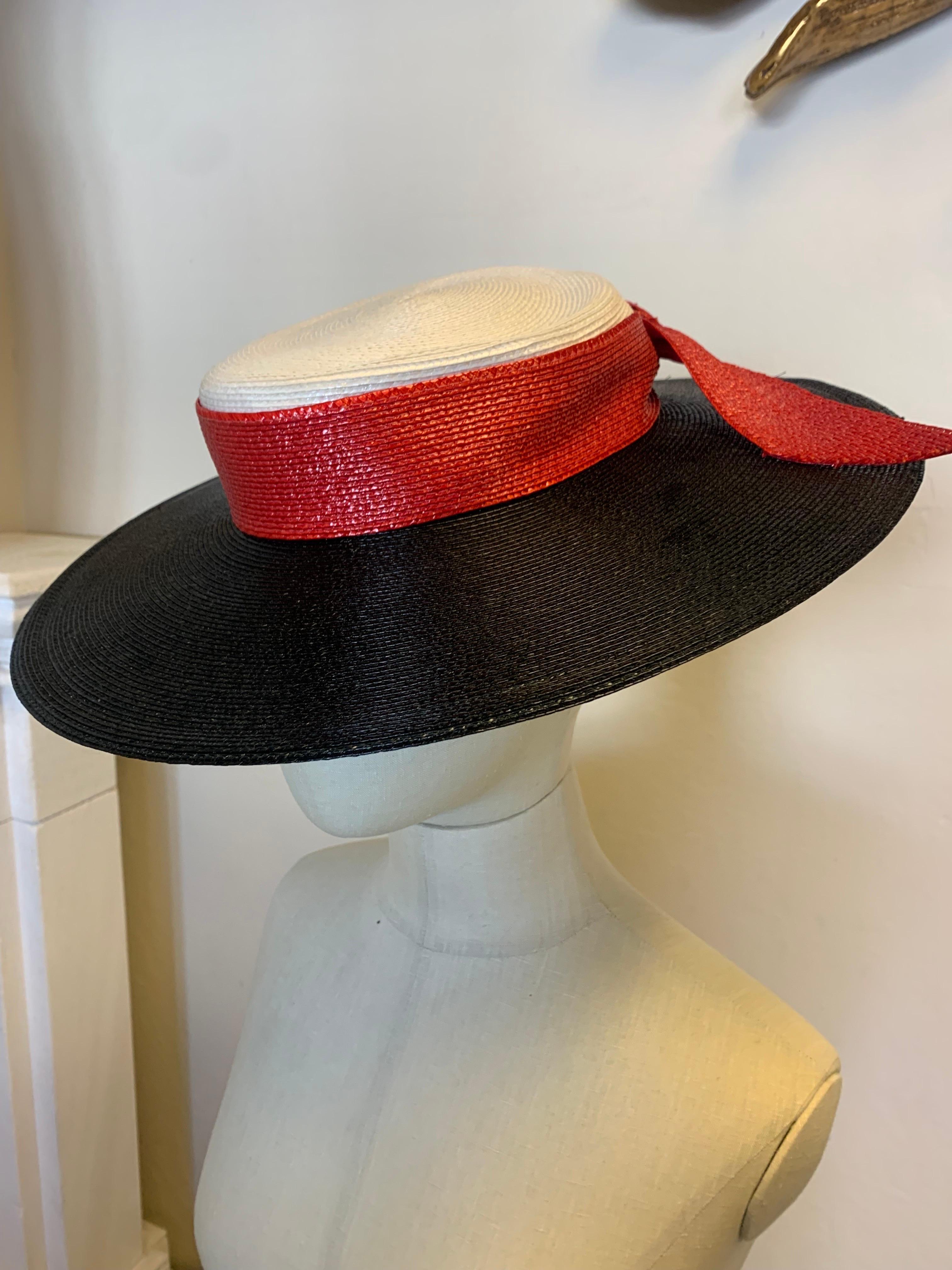 1970s Frank Olive Wide Brim Fedora in Black & White w Red Straw Bow Band 1