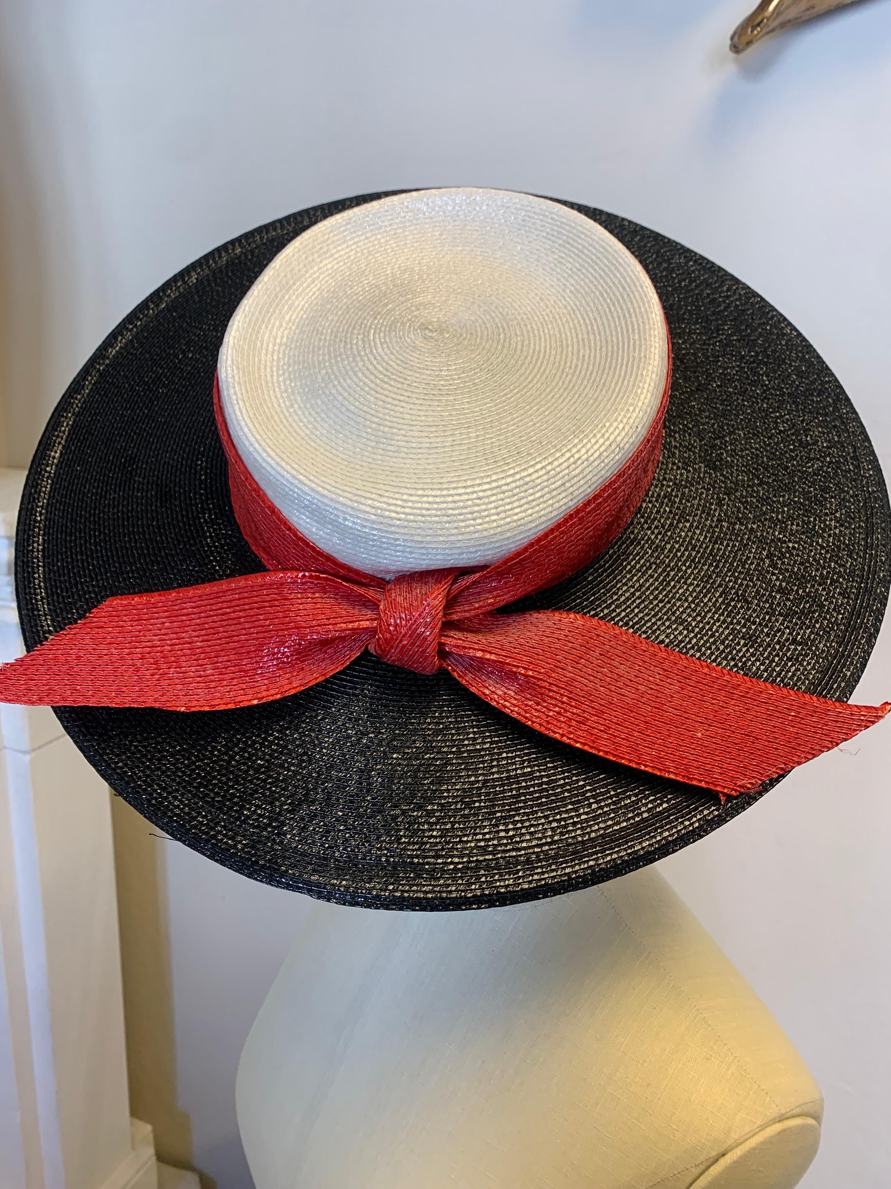 1970s Frank Olive Wide Brim Fedora in Black & White w Red Straw Bow Band 2