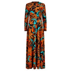 Frank Usher Psychedelisches Maxikleid mit Blattdruck aus den 1970er Jahren