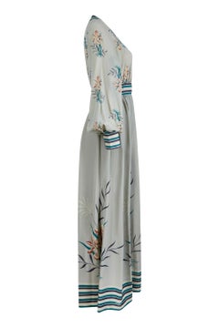 1970s Frank Usher Seafoam Green Printed Chiffon Maxi Dress With Wrap Over Bodice