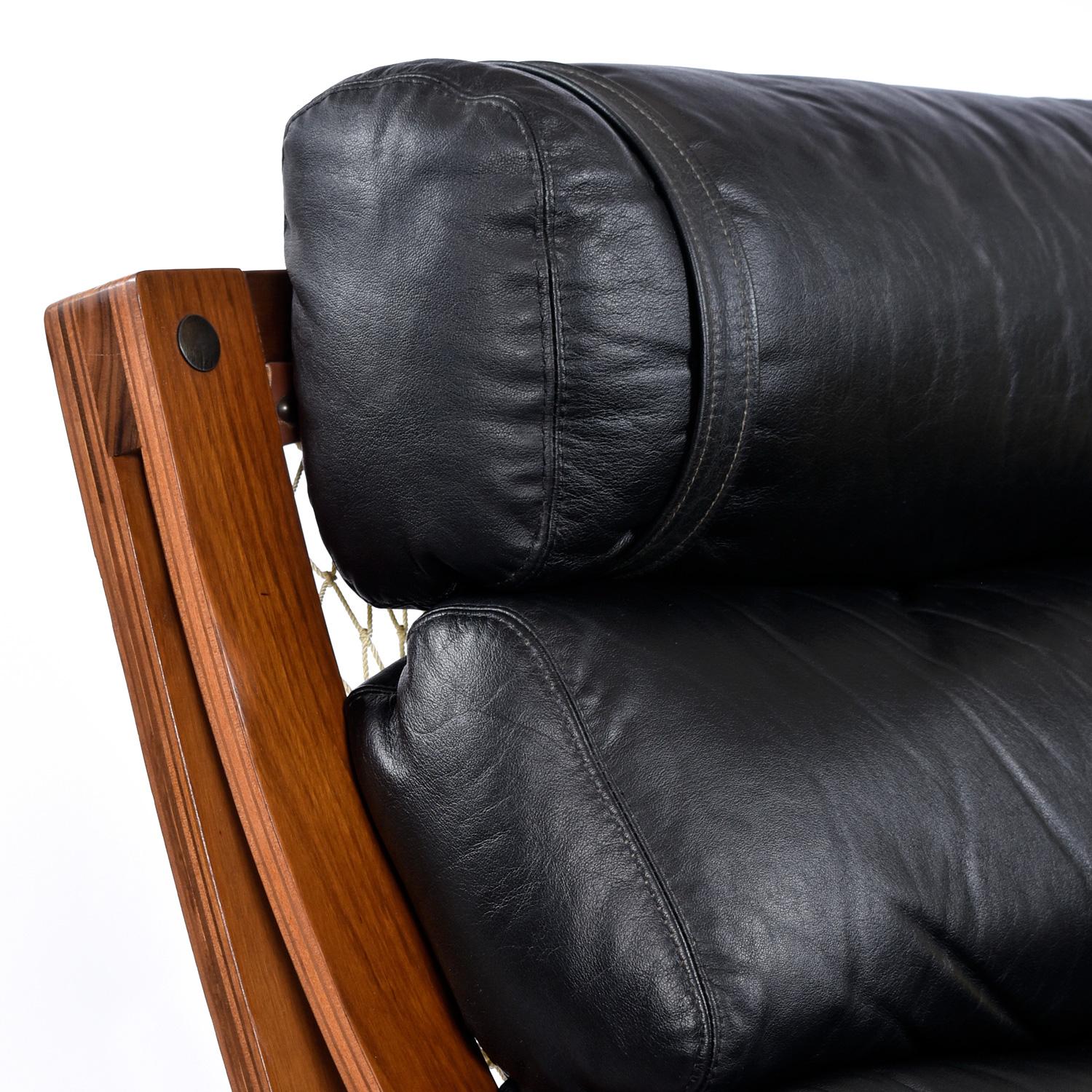 Australian 1970s Fred Lowen for Tessa Black Leather & Teak T4 Lounge Chairs and Ottoman