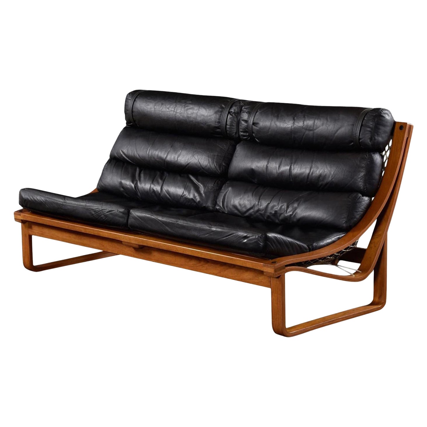 1970s Fred Lowen for Tessa Black Leather & Teak T4 Sofa
