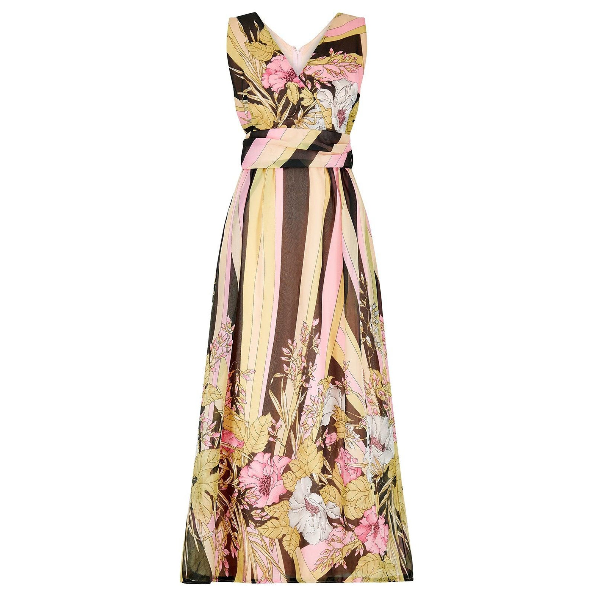 Abito anni '70 di Frederick Howard in Georgette con stampa floreale e Chevron