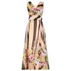 1970s Frederick Howard Georgette Floral and Chevron Print Dress
