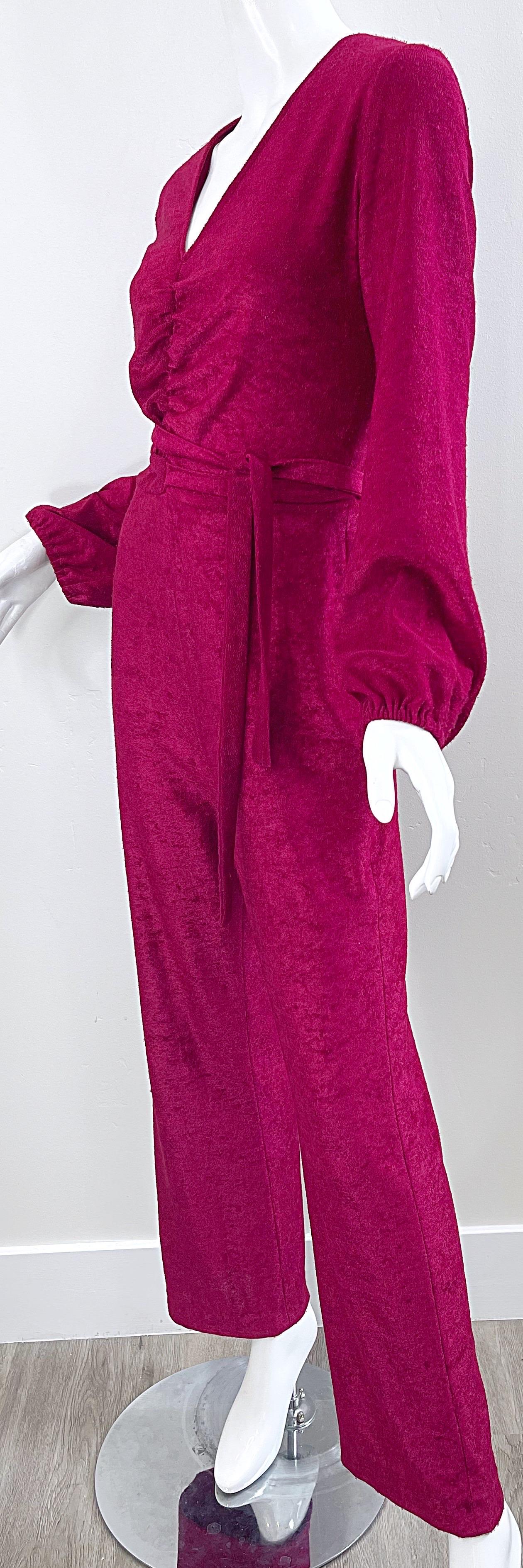 1970s Fredericks of Hollywood Burgundy Terrycloth Velour Vintage 60s Jumpsuit For Sale 2