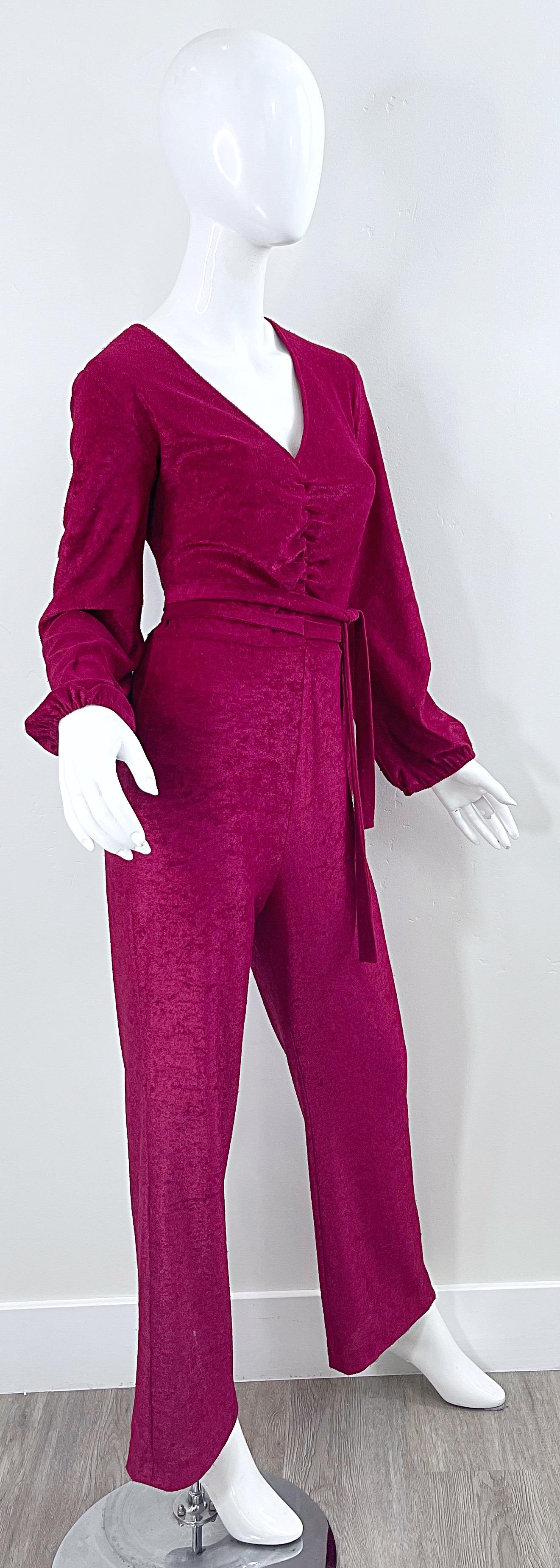1970s Fredericks of Hollywood Burgundy Terrycloth Velour Vintage 60s Jumpsuit For Sale 3