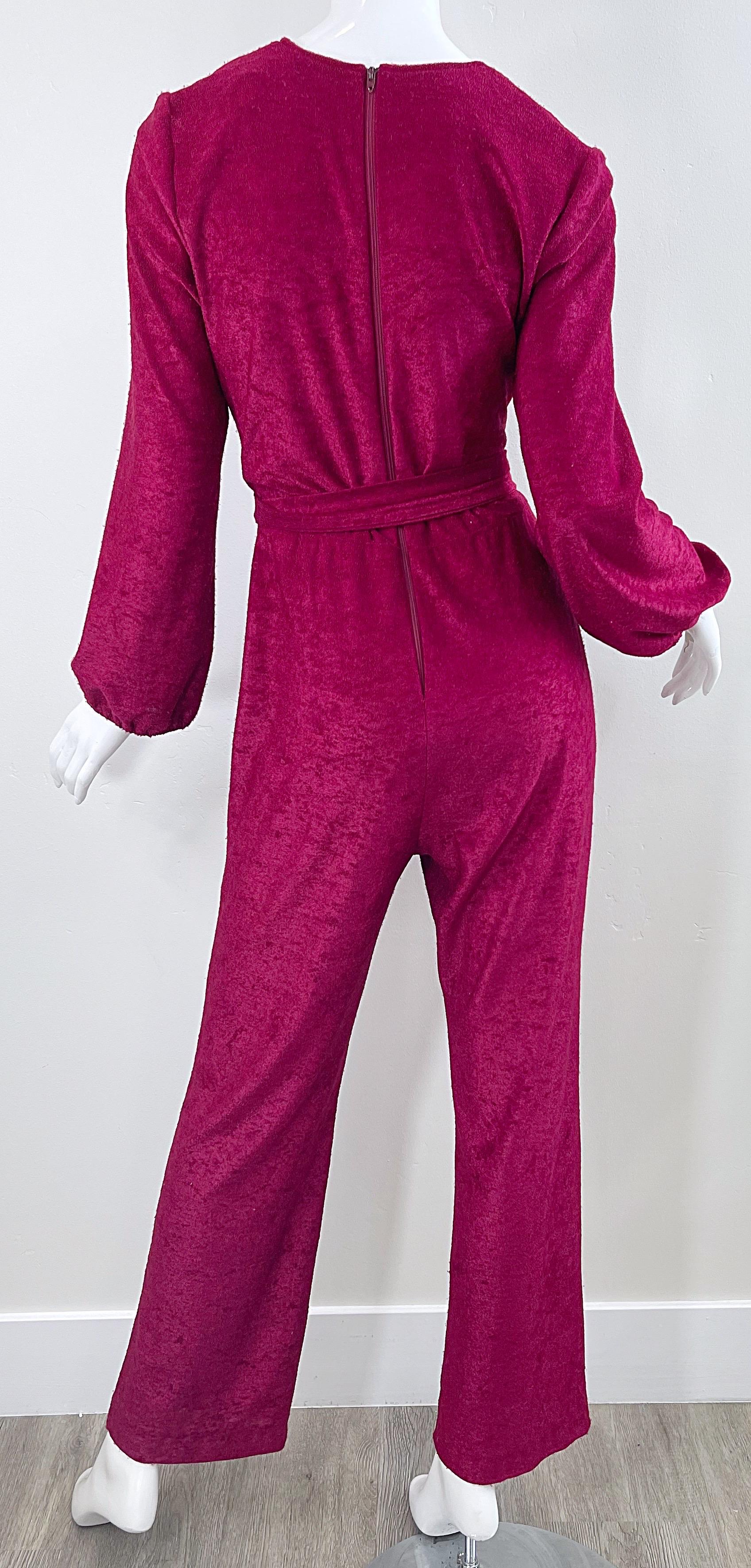 1970s Fredericks of Hollywood Burgundy Terrycloth Velour Vintage 60s Jumpsuit For Sale 4