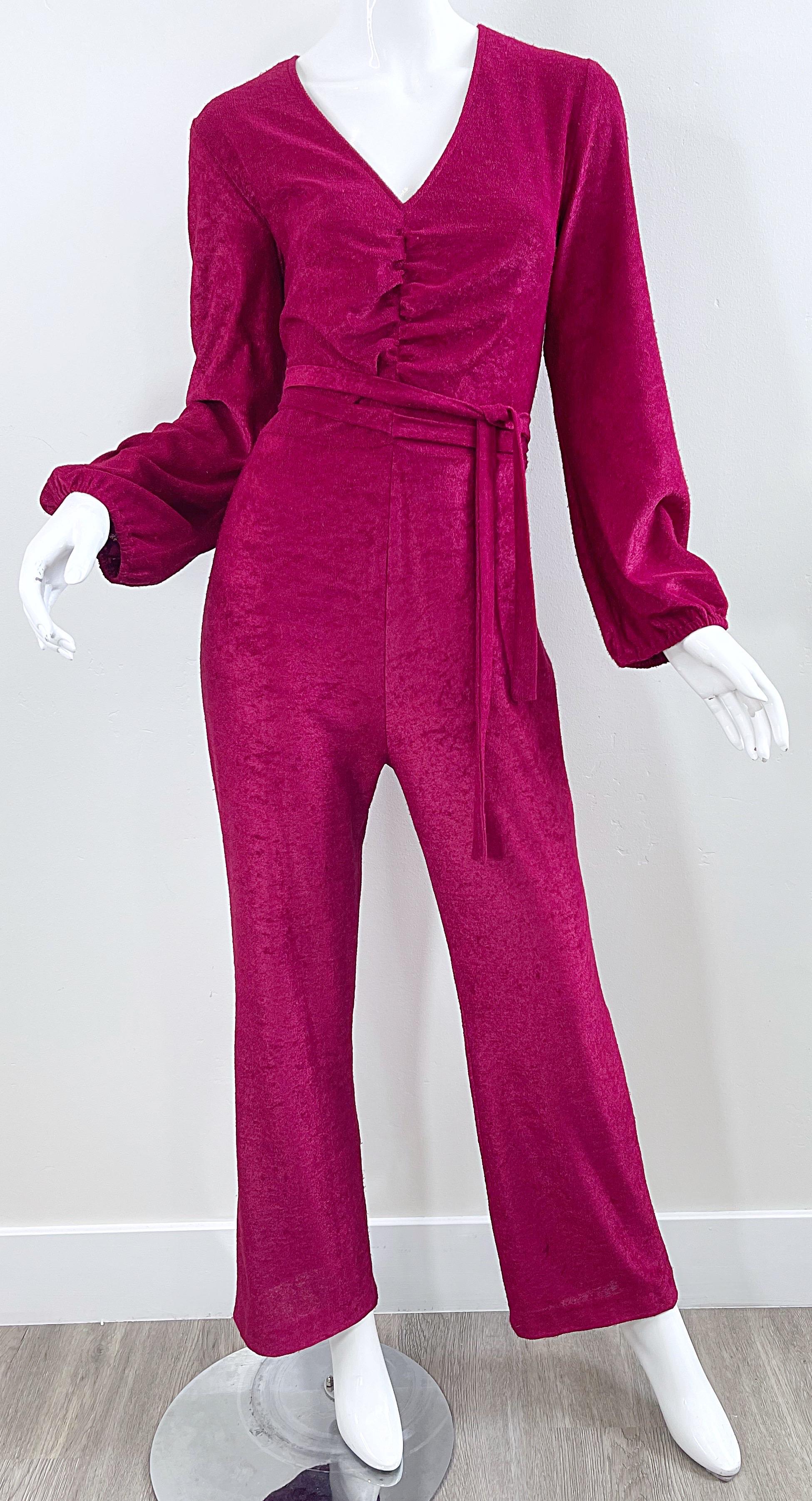 1970s Fredericks of Hollywood Burgundy Terrycloth Velour Vintage 60s Jumpsuit For Sale 5