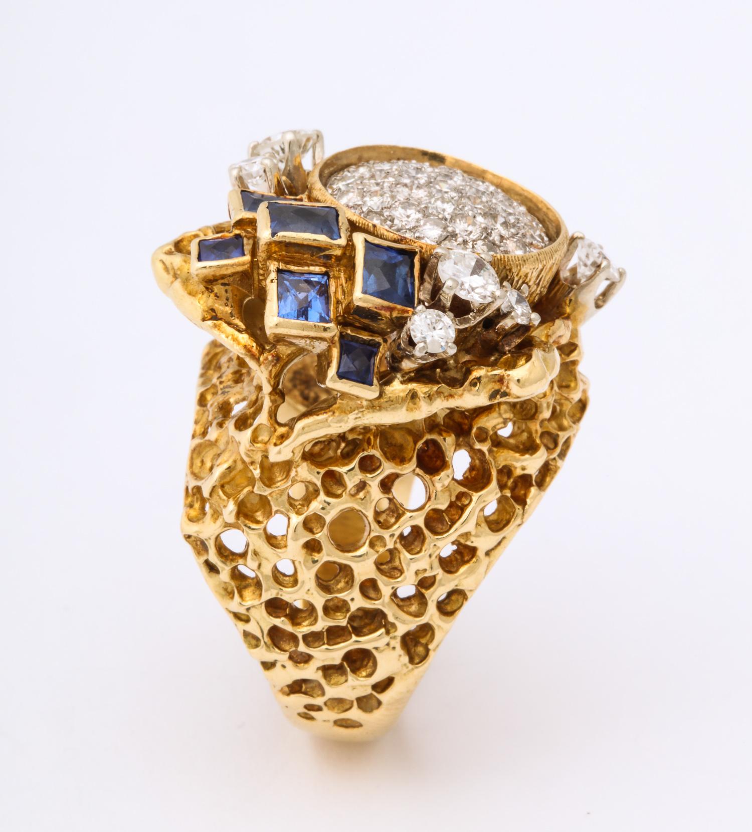 1970s Freeform Design French Cut Sapphires with Diamonds Gold Cocktail Ring 6
